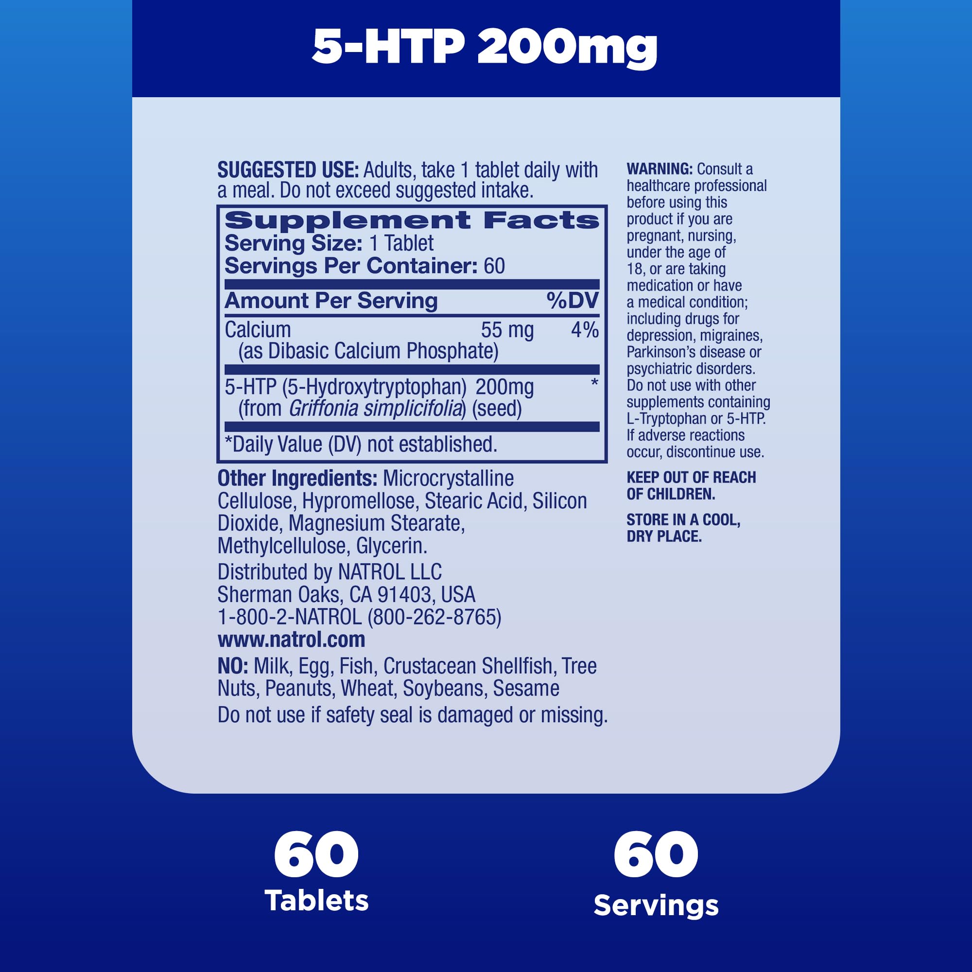Natrol etiqueta nutricional en detalle mostrando 200 mg de 5‑HTP por porción