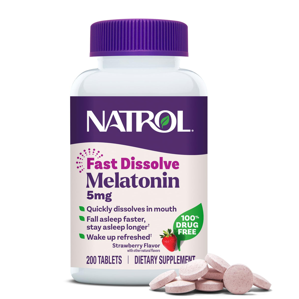 Natrol envase frontal mostrando 200 tabletas y beneficio de conveniencia