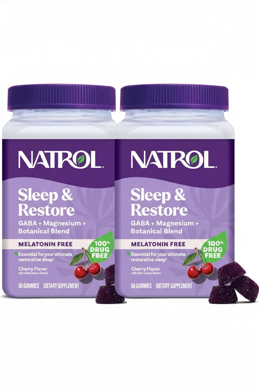 Natrol frente del paquete mostrando 60 gomitas y ventaja de fórmula sin melatonina
