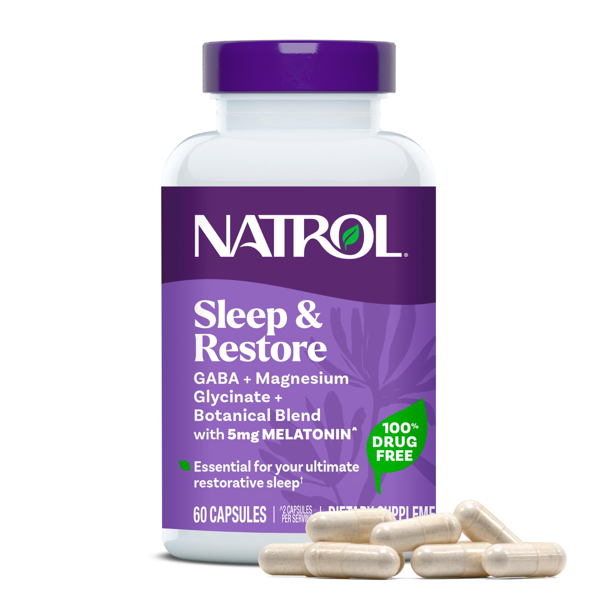Natrol empaque frontal mostrando cápsulas y beneficios para el descanso