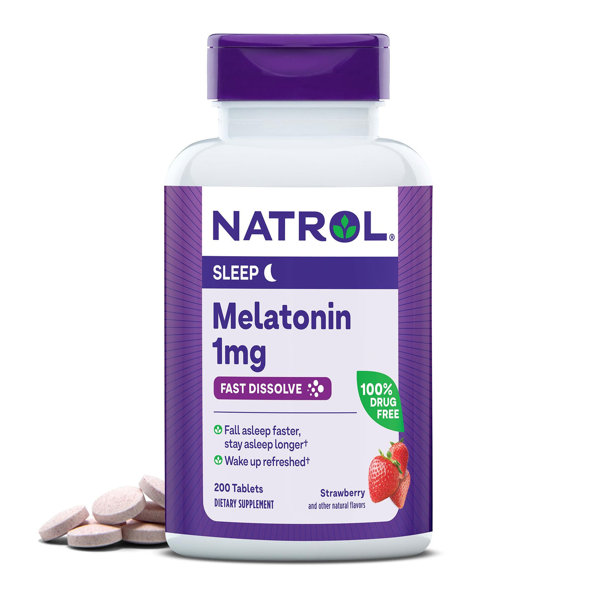Natrol envase frontal de 200 comprimidos mostrando el diseño y beneficio práctico