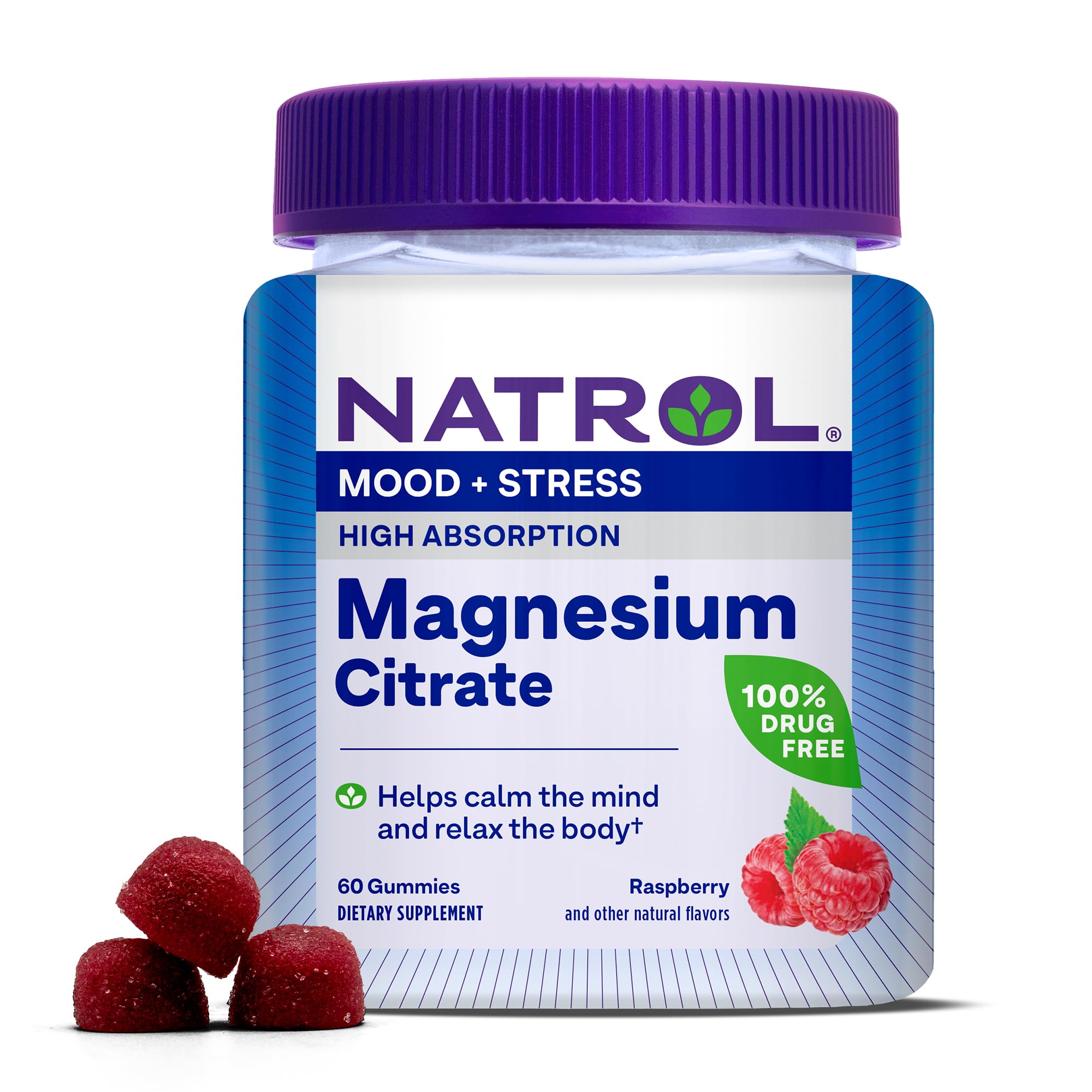 Natrol envase frontal de gomitas magnesio citrato, presentación clara y beneficios
