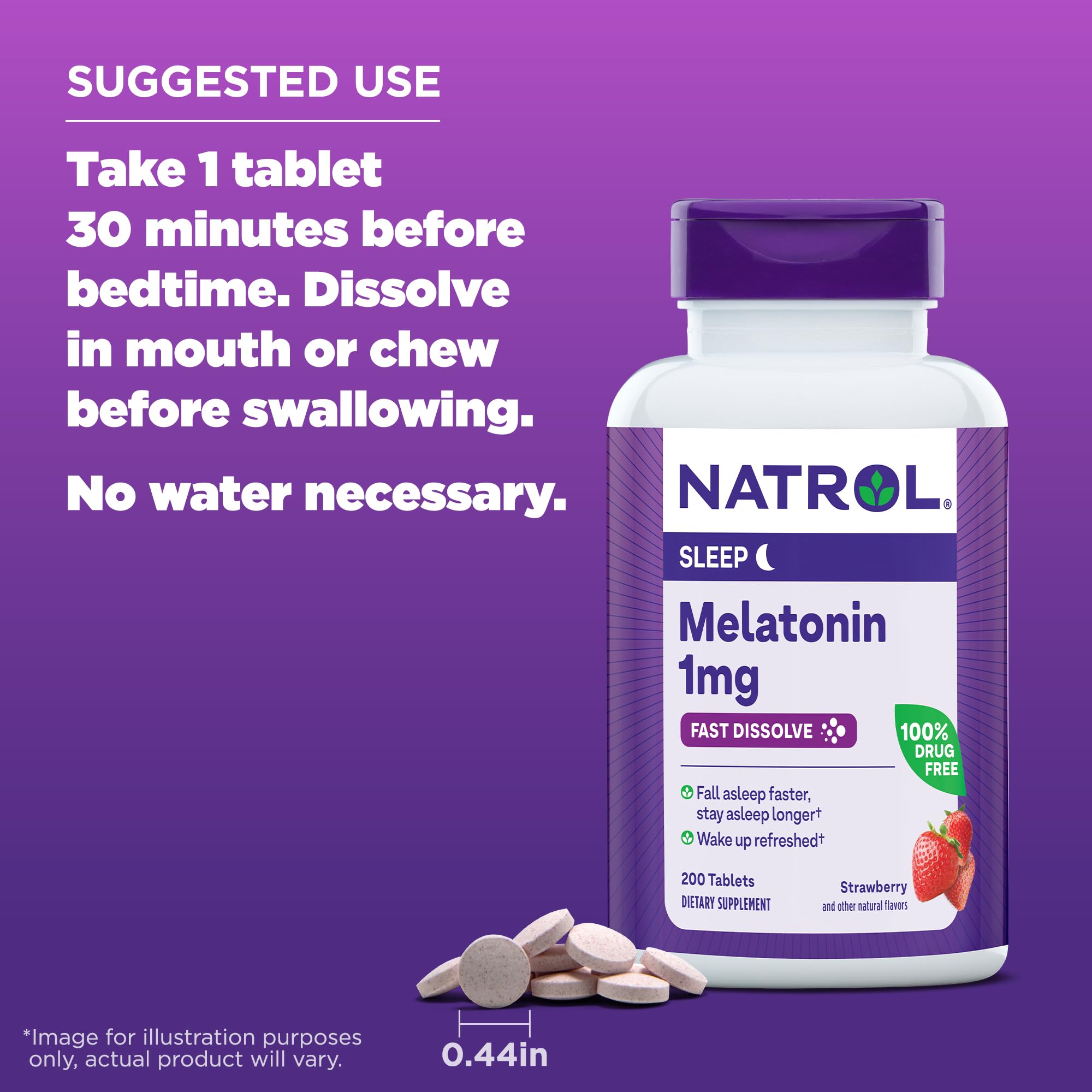 Natrol comprimido en la mano para comparar tamaño y dosificación simple