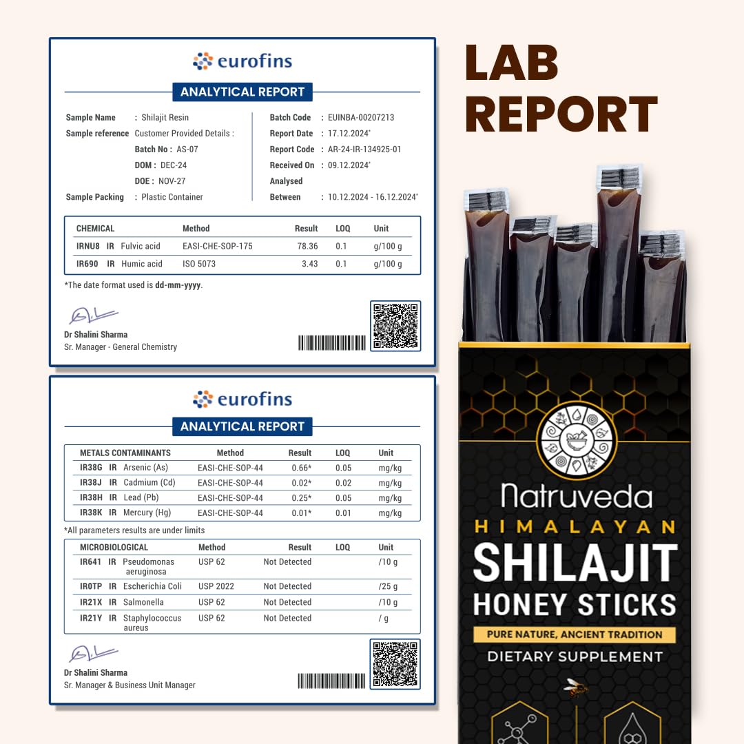 Natruveda azafrán y resina de shilajit juntos indicando origen y minerales