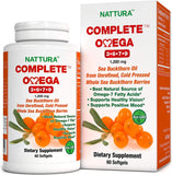 Nattura frasco frontal de Complete Omega 3-6-7-9 mostrando etiqueta y beneficios