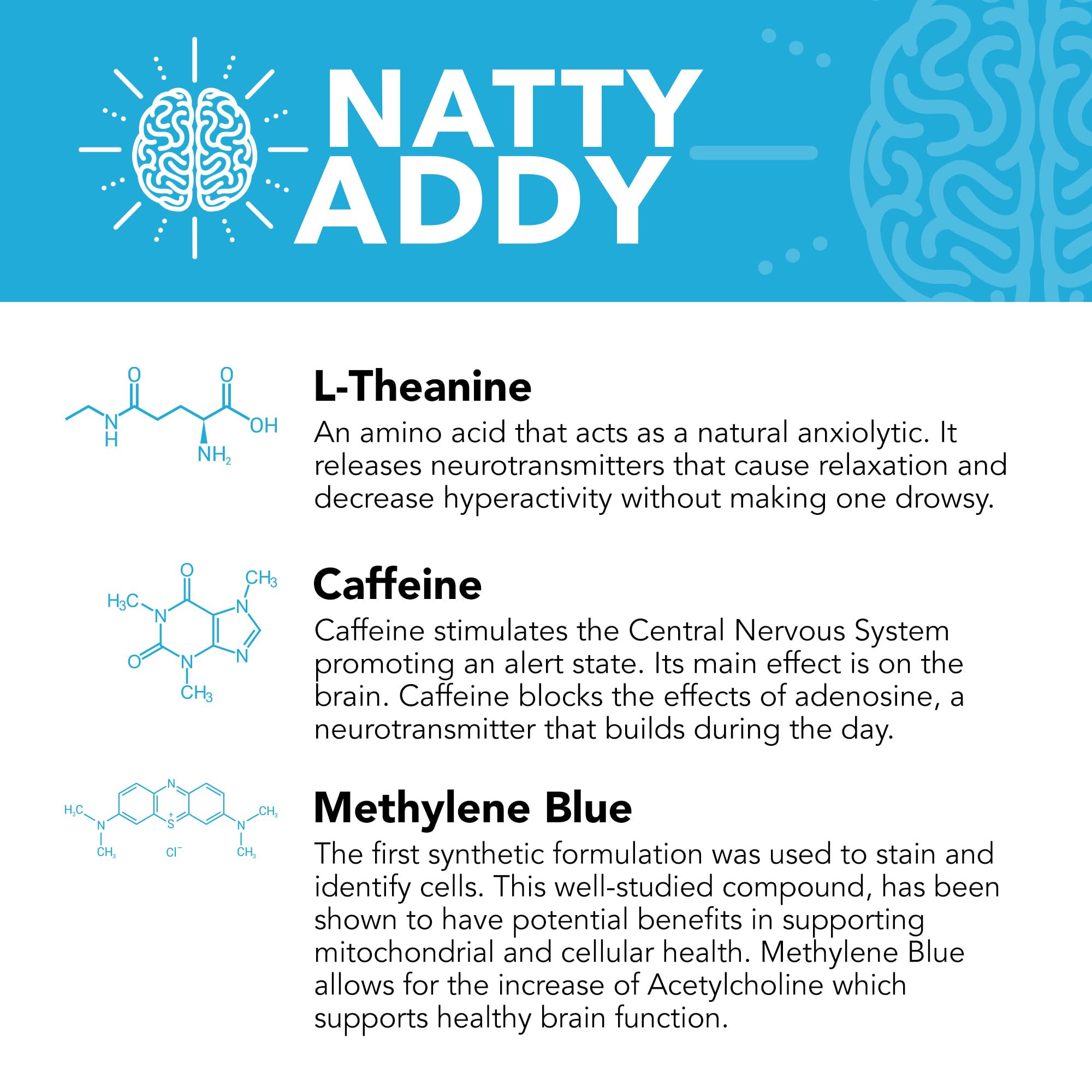 Natty Addy tabla de composición destacando methylene blue y cafeína
