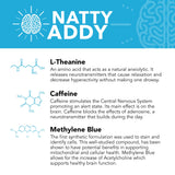 Natty Addy tabla de composición destacando methylene blue y cafeína