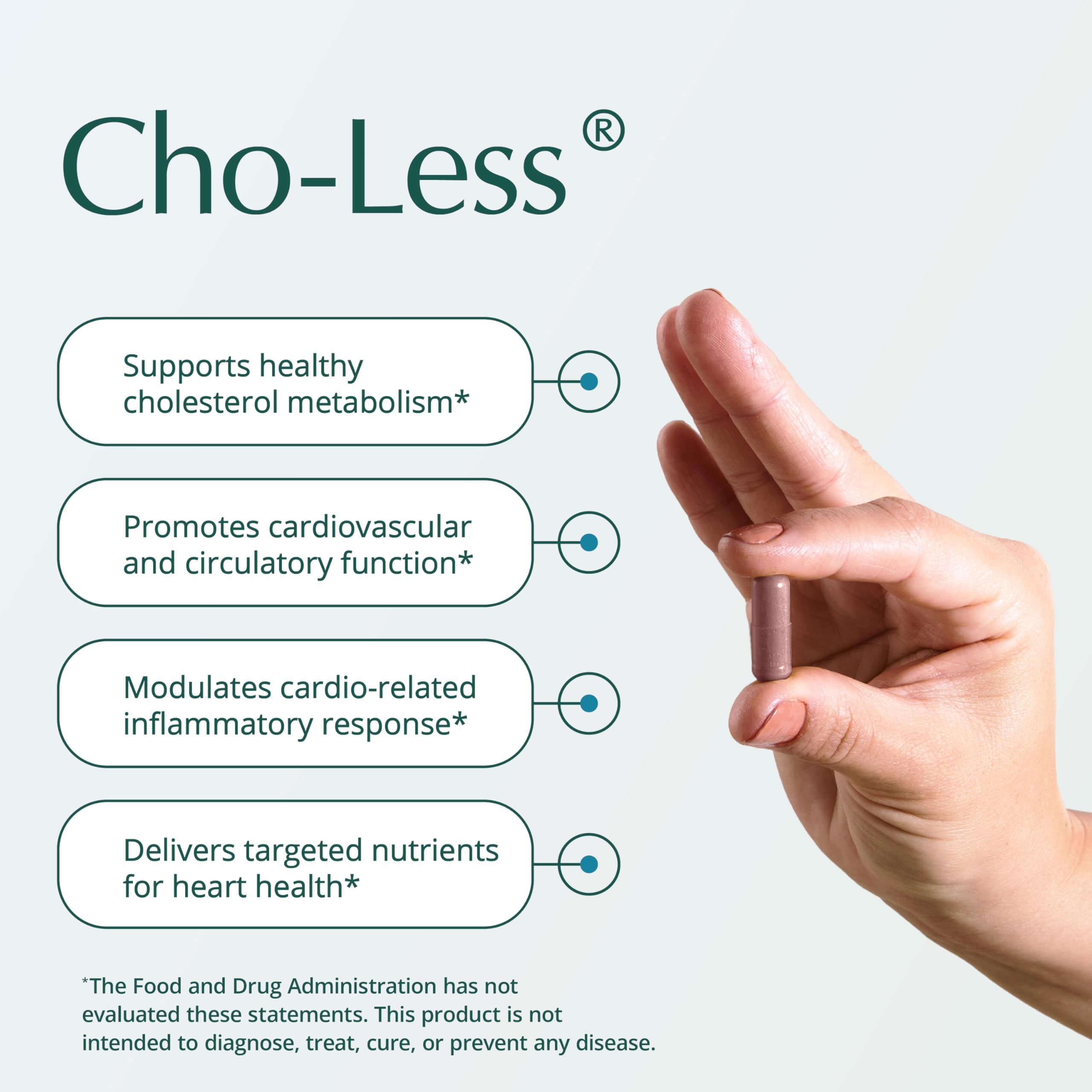 Natura Health Products Cho-Less cápsulas en mano para visualización de dosis y uso fácil
