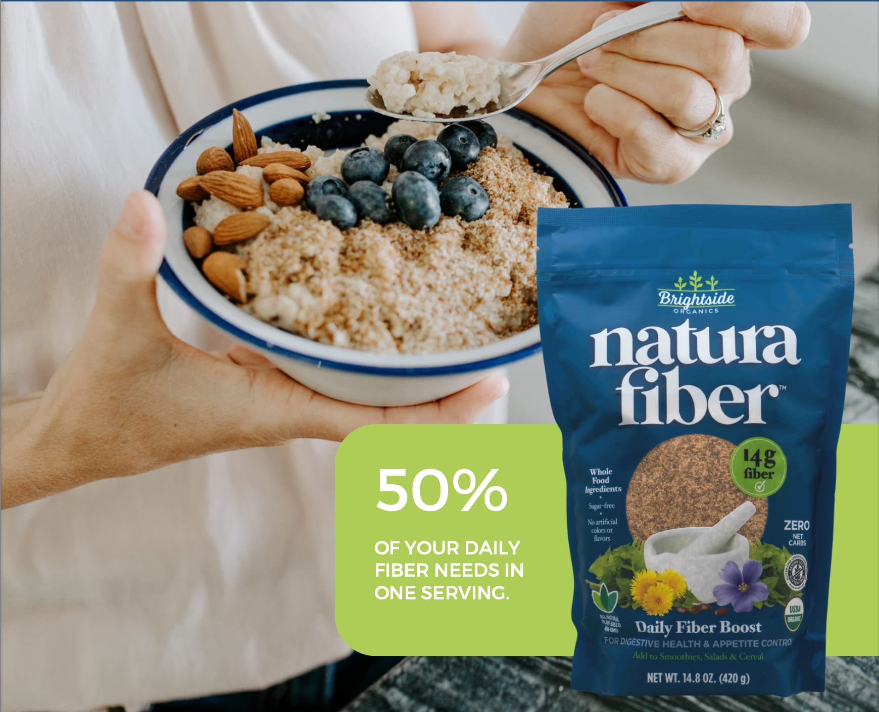 Natura Fiber ingredientes orgánicos integrales dispuestos, transparencia