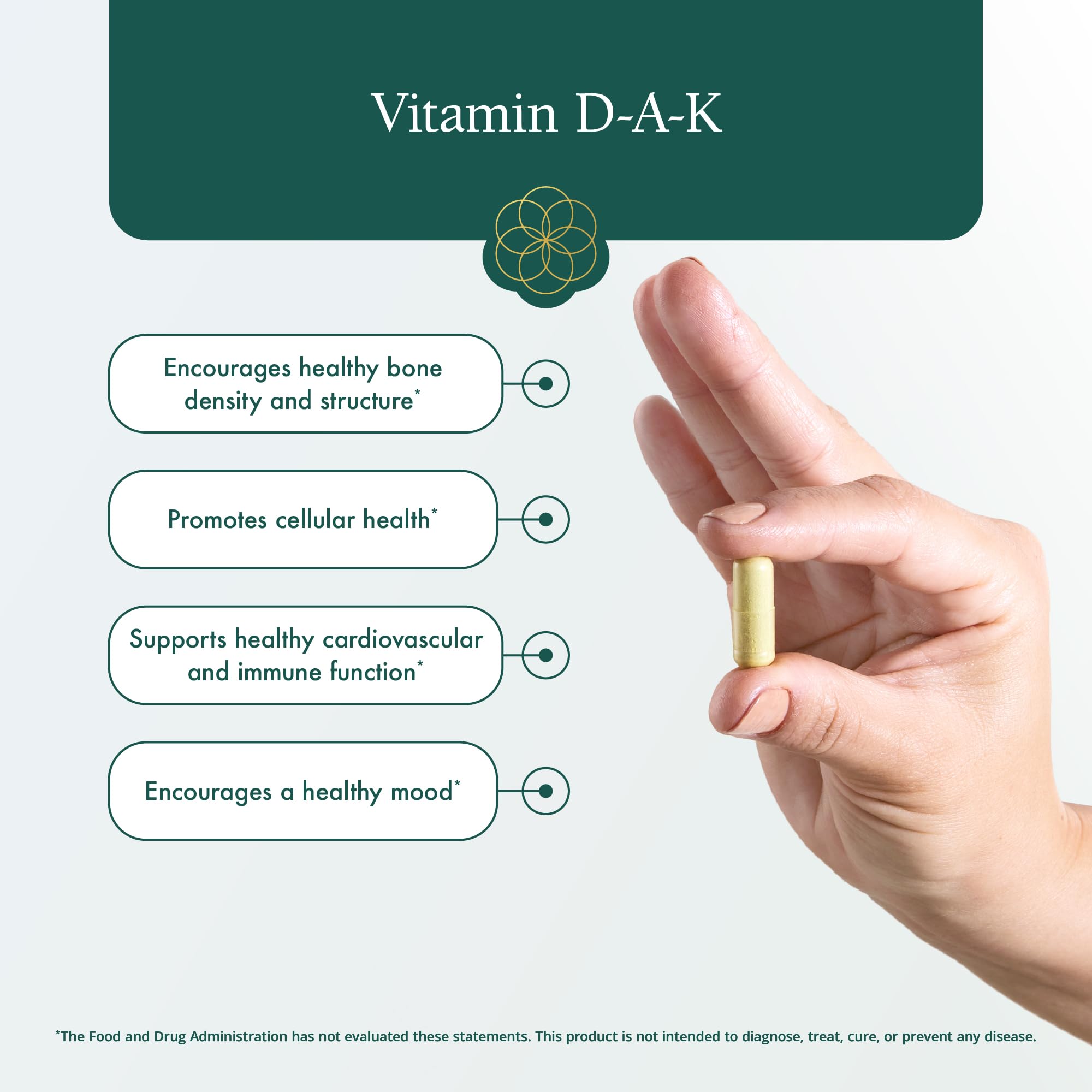 Natura Health Products cápsula junto a una mano para mostrar tamaño real
