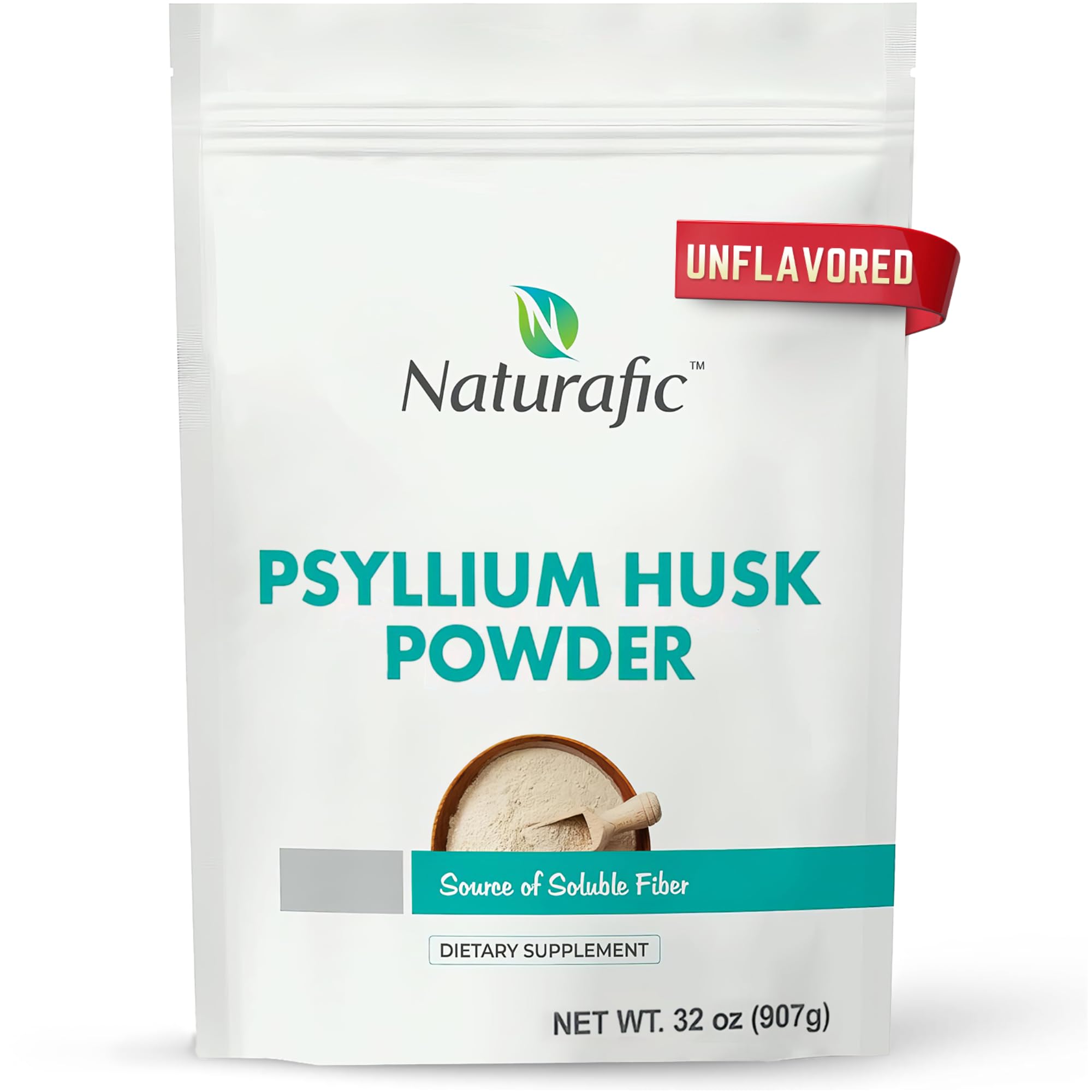 Naturafic envase frontal de psyllium 32 oz mostrando contenido y beneficios