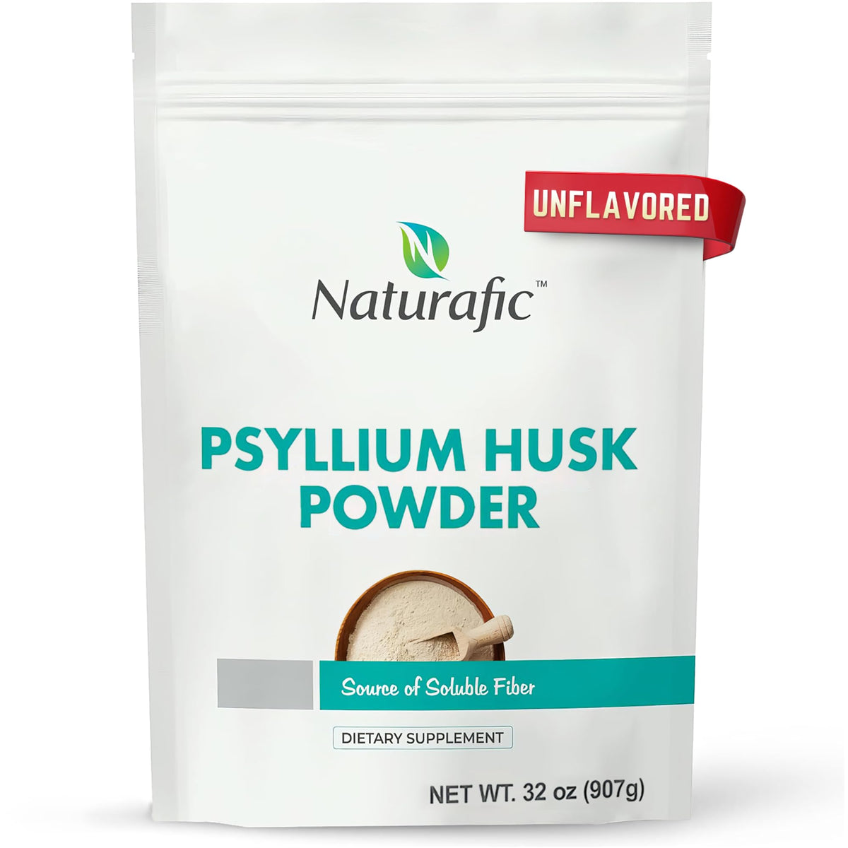 Naturafic envase frontal de psyllium 32 oz mostrando contenido y beneficios
