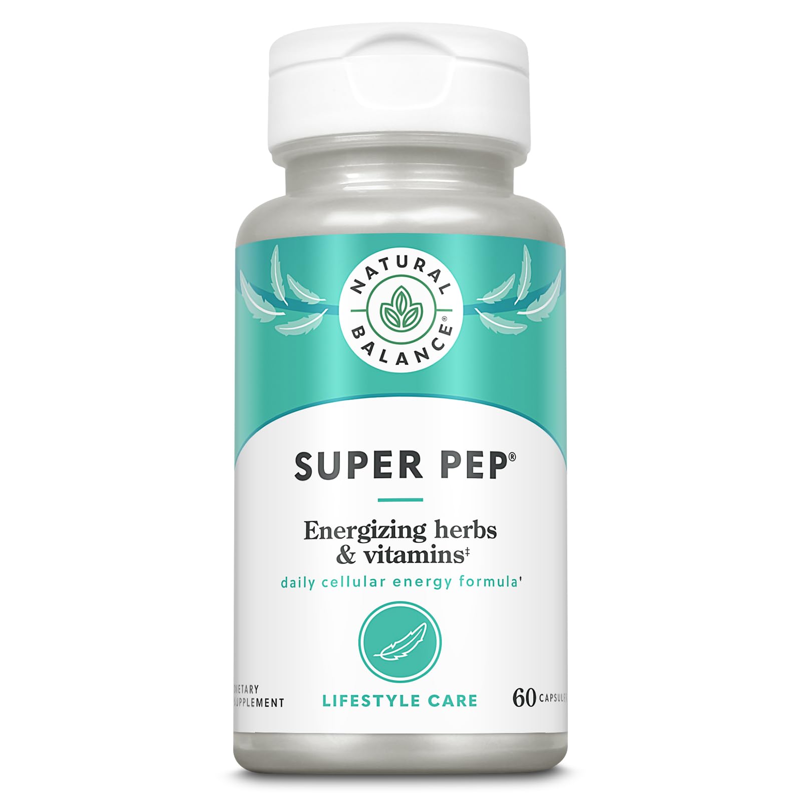 Natural Balance Super Pep frasco frontal mostrando etiqueta y beneficios