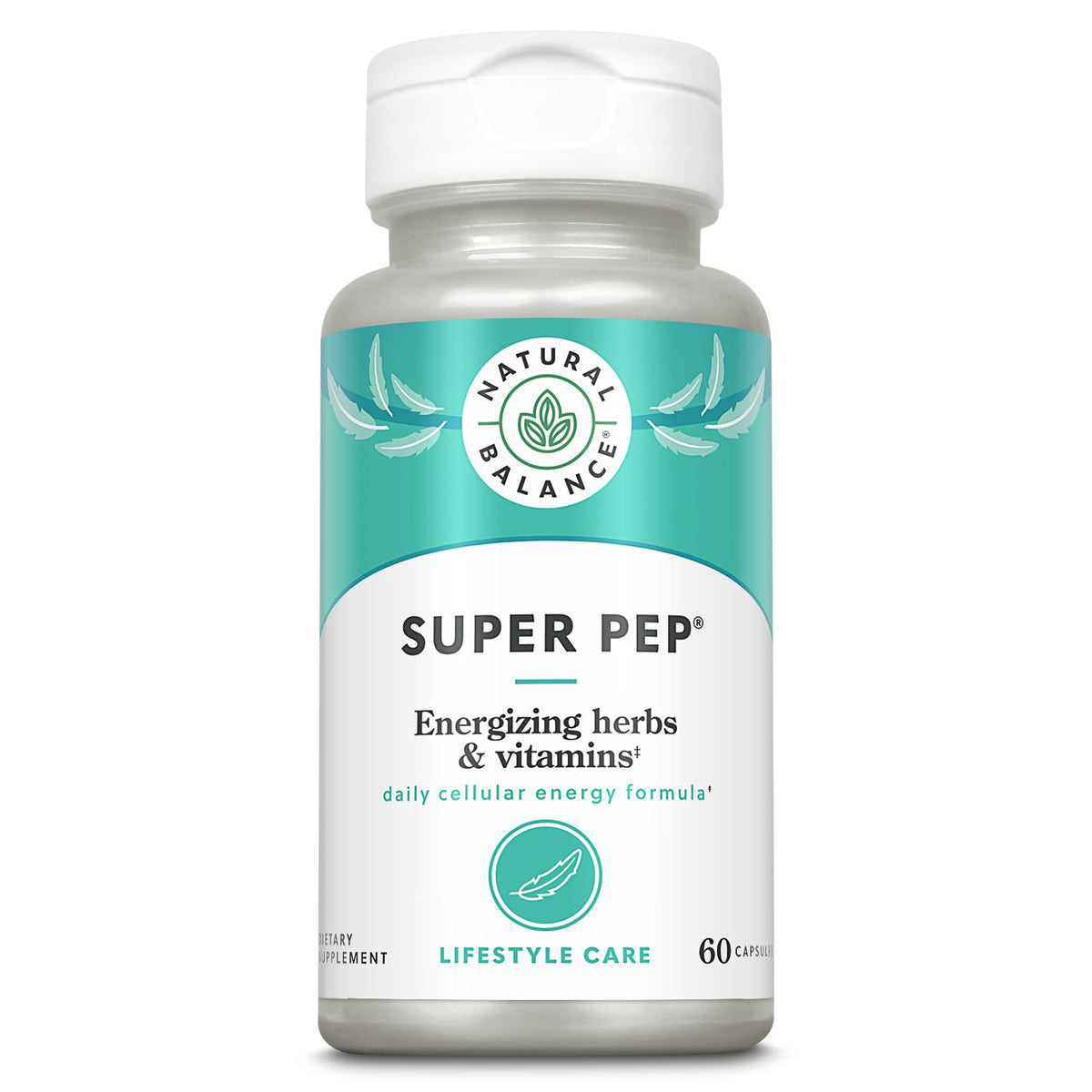 Natural Balance Super Pep frasco frontal mostrando etiqueta y beneficios