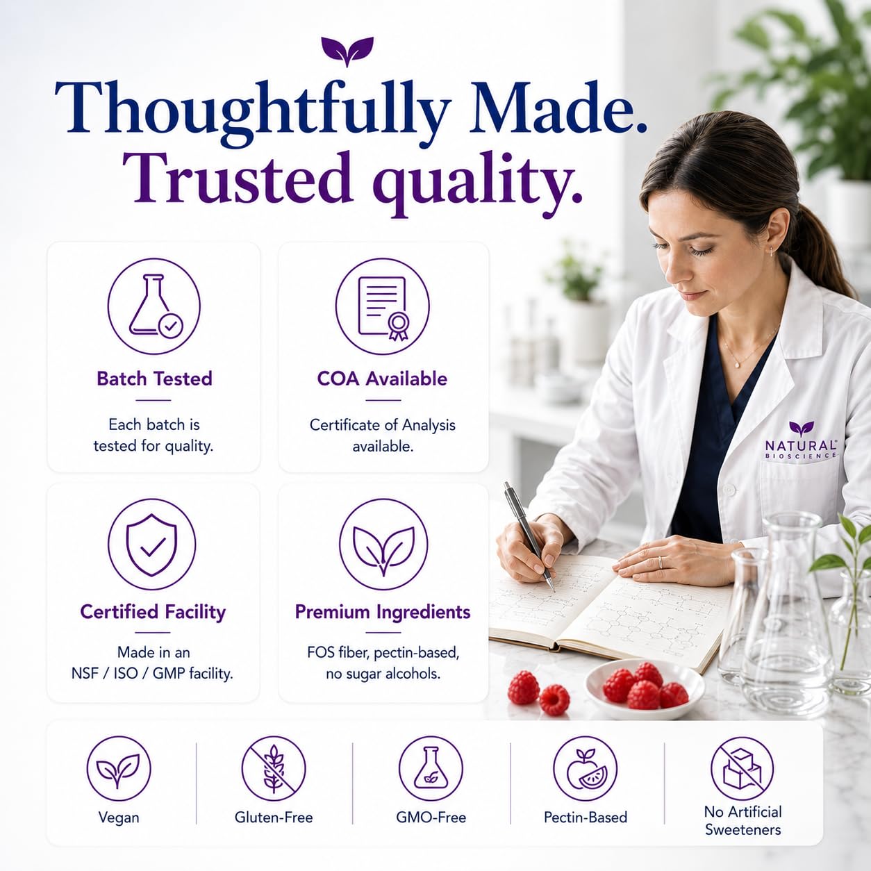 Natural BioScience ingredientes destacando FOS prebiótico y base vegetal beneficiosa