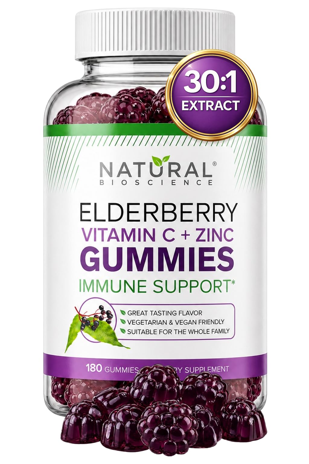 Natural BioScience envase frontal de Sambucus gomitas, claro y atractivo