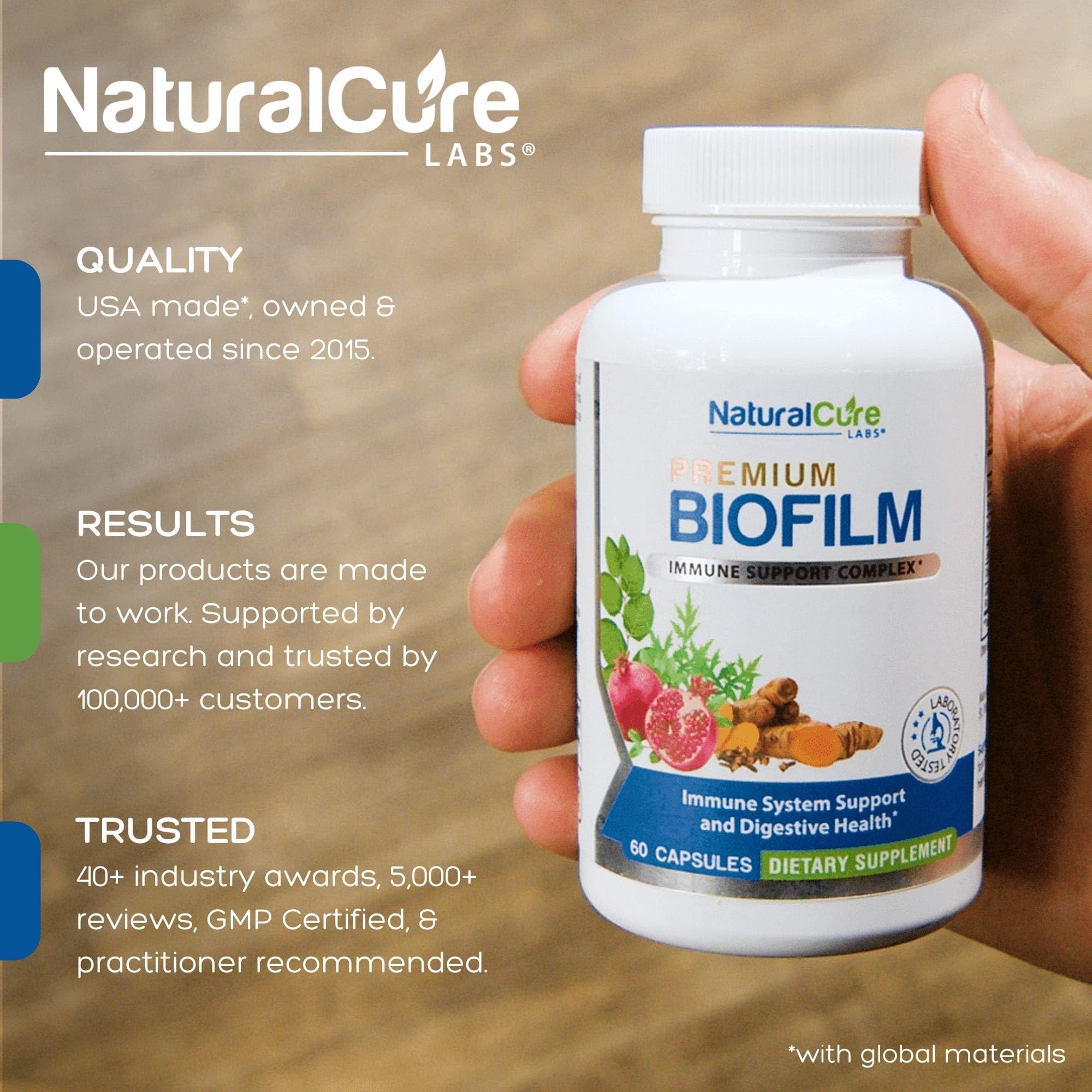 Natural Cure Labs botella abierta con cápsulas, fácil para incorporar en rutina