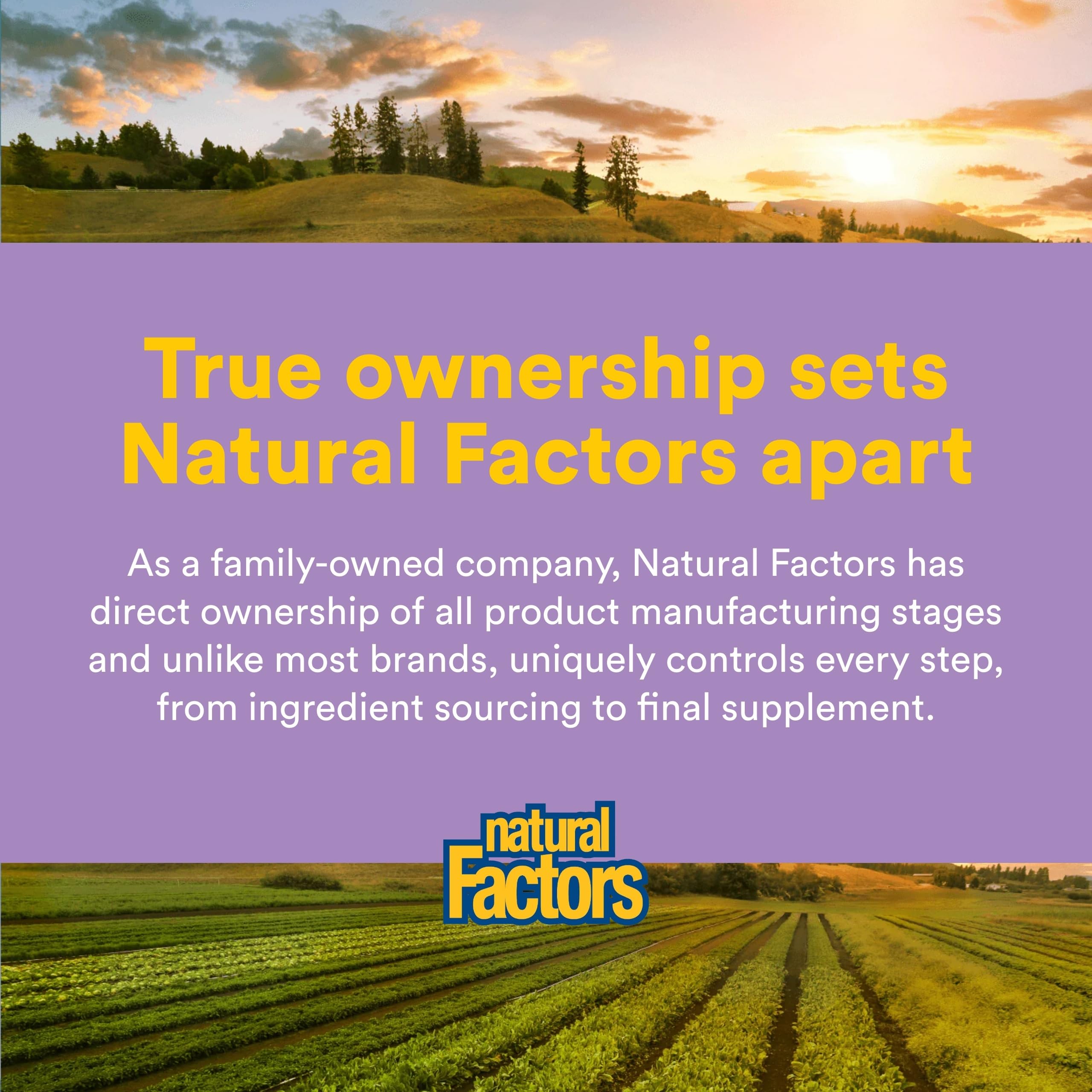 Natural Factors etiqueta trasera con información de certificación y pruebas