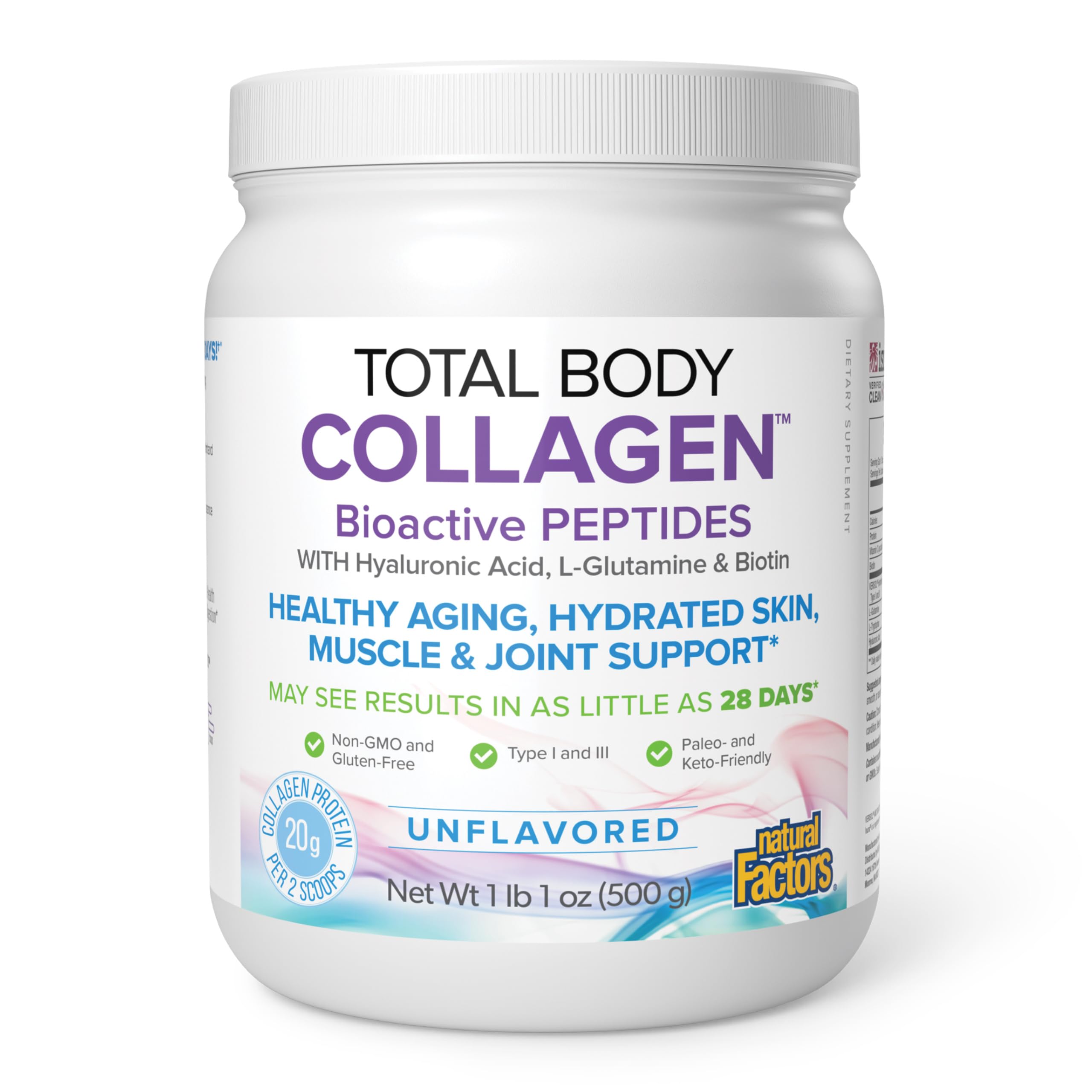 Natural Factors envase frontal del colágeno sin sabor con presentación clara y beneficios
