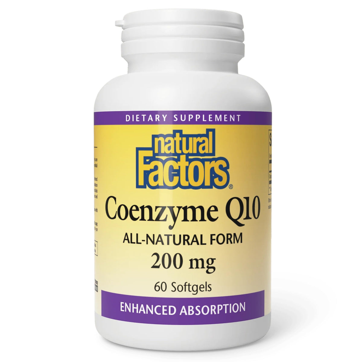 Natural Factors frasco frontal mostrando 200 mg y 60 softgels para energía