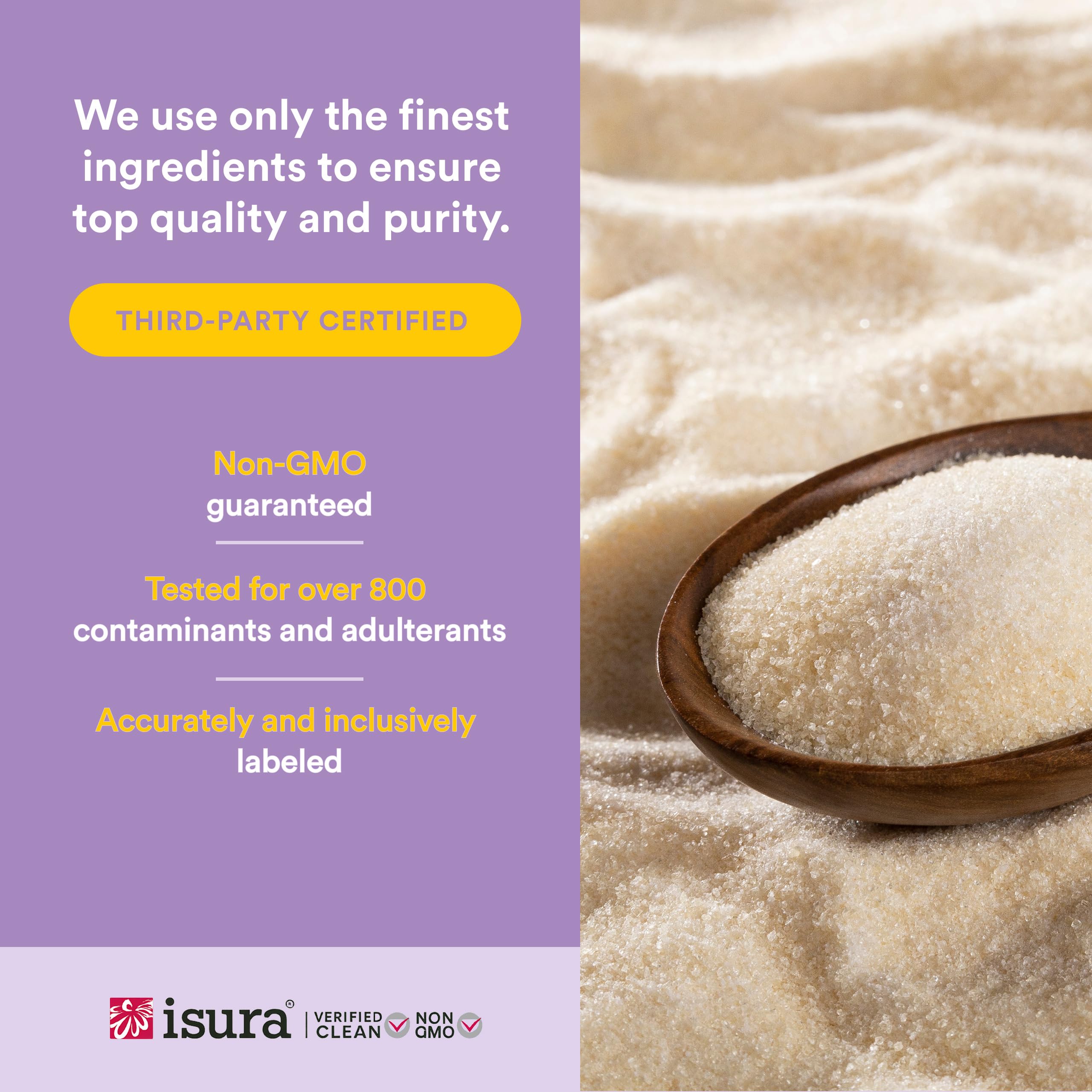 Natural Factors detalle de etiqueta con ingredientes y certificaciones, transparencia
