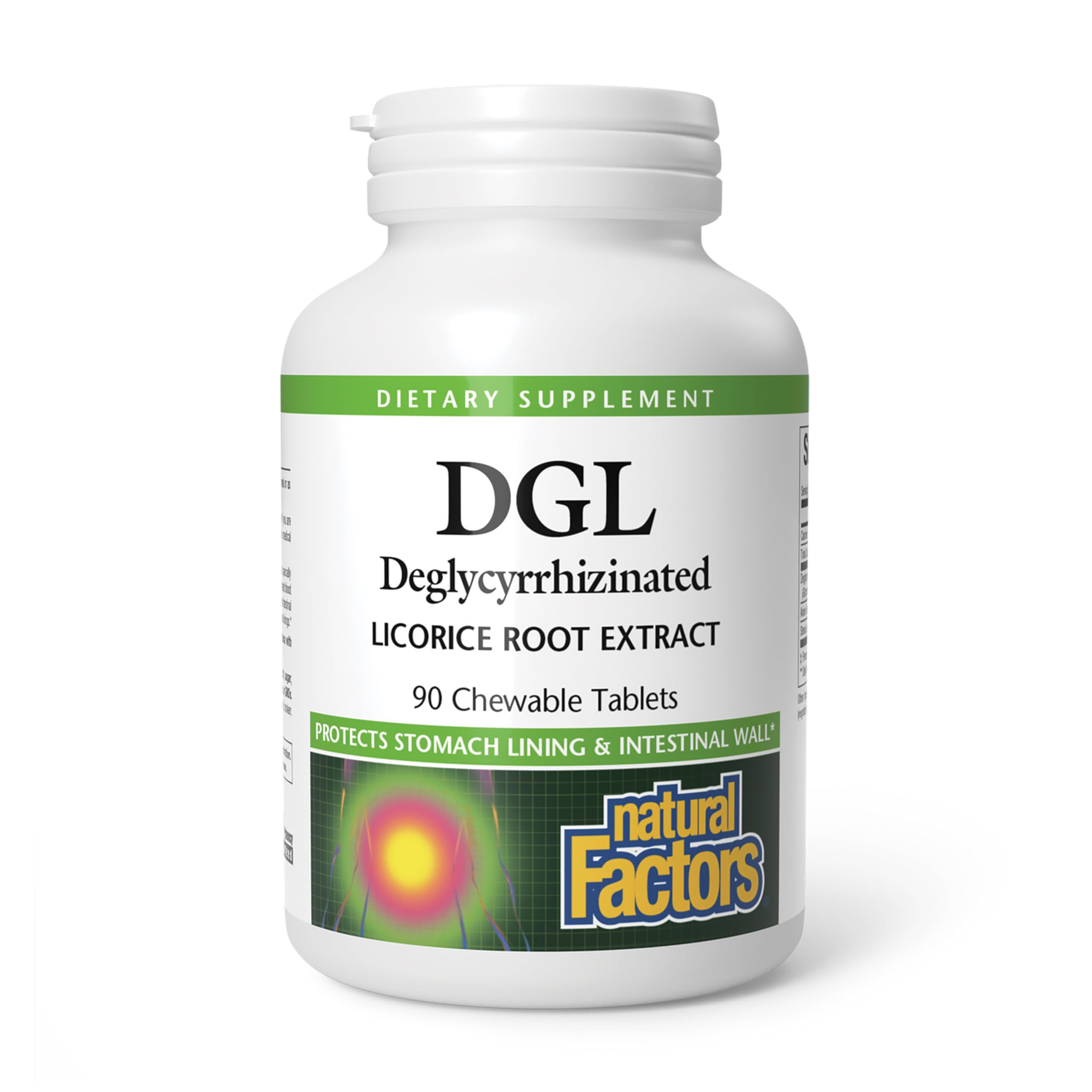 Natural Factors envase frontal mostrando suplemento DGL y beneficios