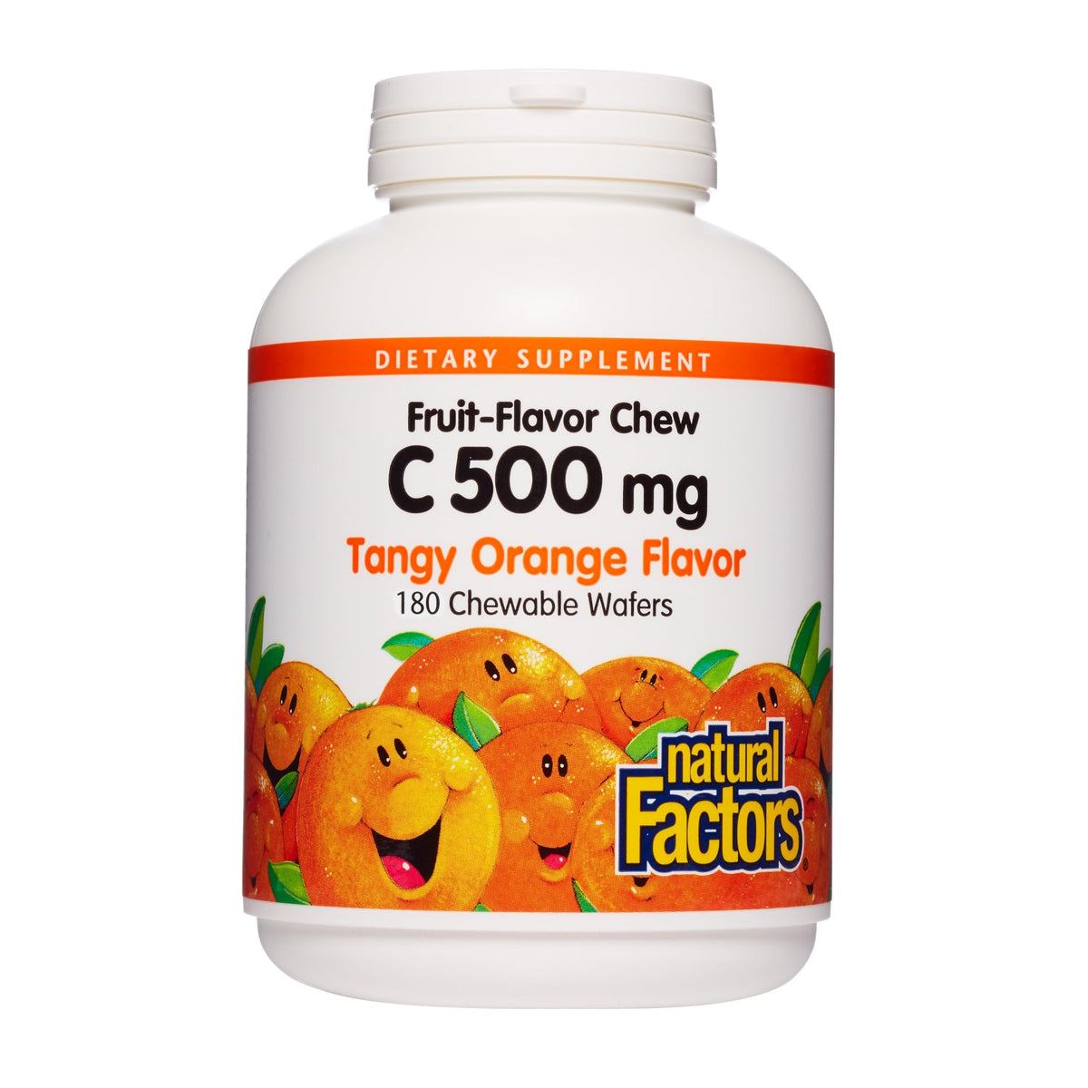 Natural Factors frente del envase mostrando 180 wafers y sabor naranja