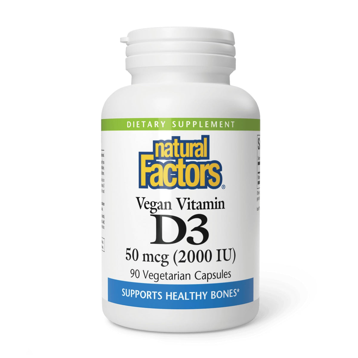 Natural Factors envase frontal que muestra cápsulas y beneficio vegano