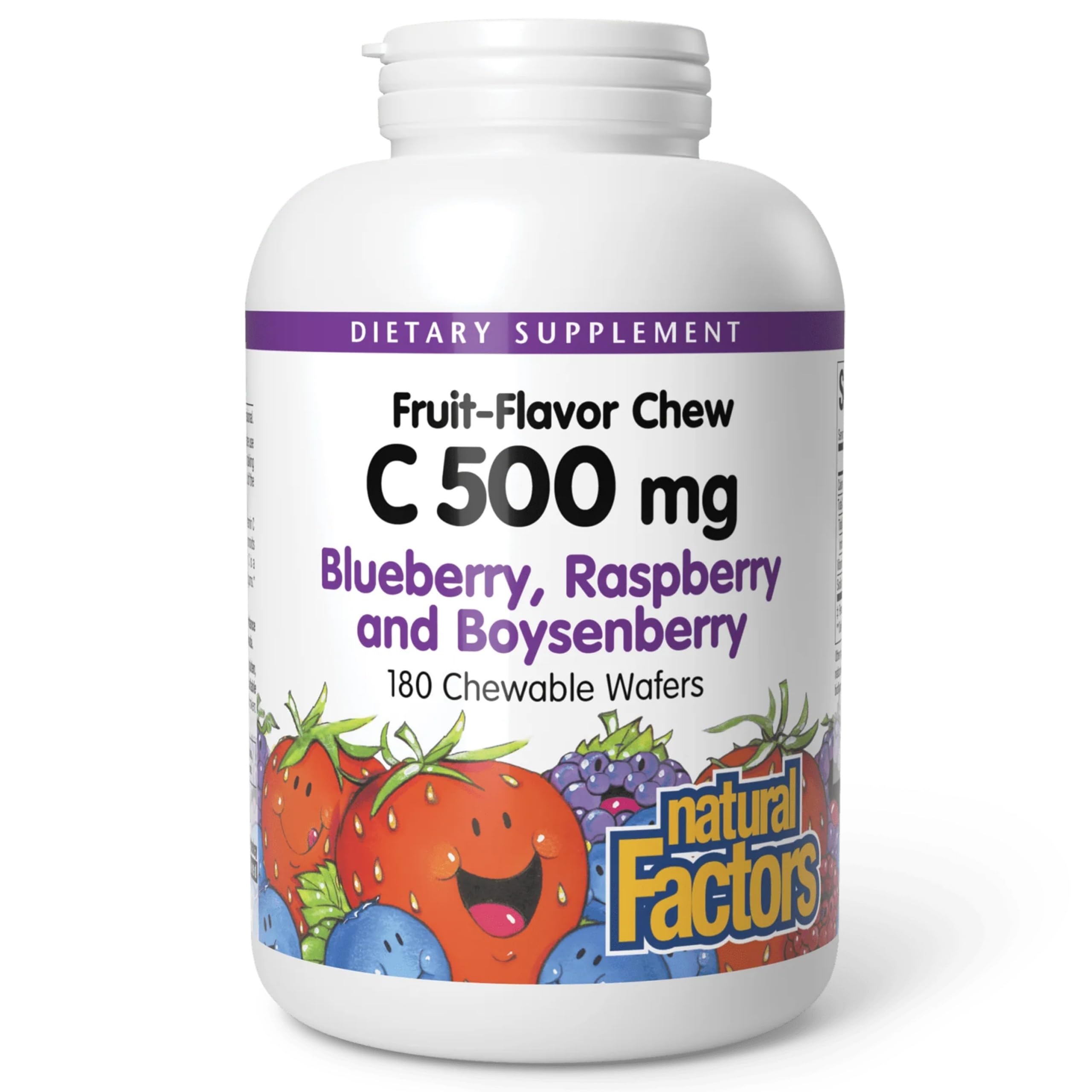 Natural Factors empaque frontal con wafers masticables y sabores frutales, facilita la administración diaria