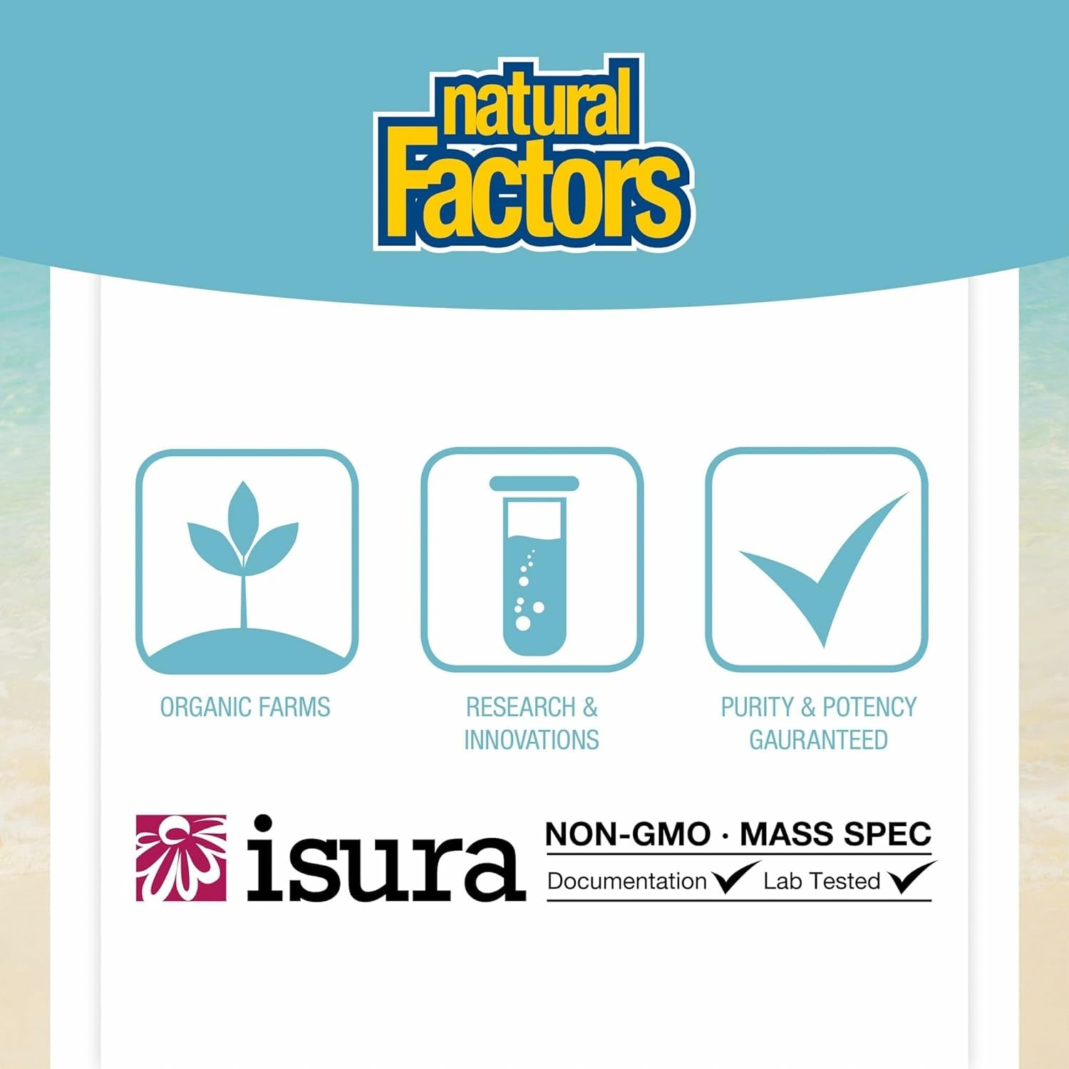 Natural Factors equipo de laboratorio representando pruebas de pureza y control