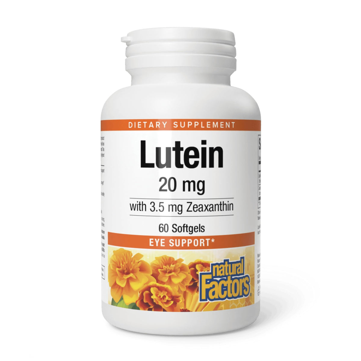 Natural Factors botella frontal mostrando luteína 20 mg y beneficios
