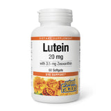 Natural Factors botella frontal mostrando luteína 20 mg y beneficios