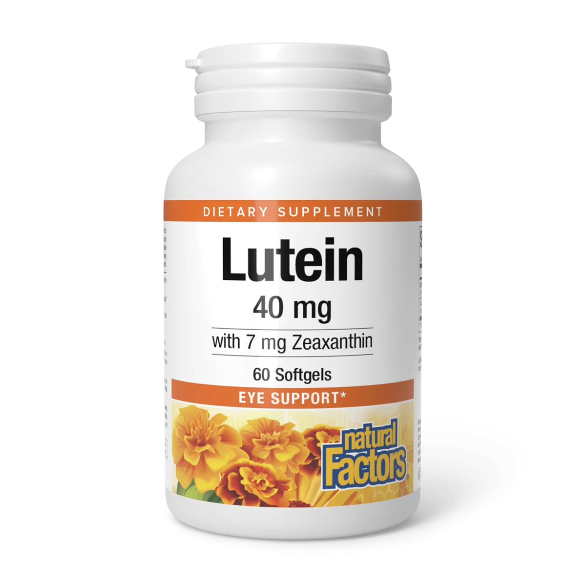 Natural Factors envase frontal mostrando Lutein 40 mg y beneficios visibles