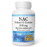 Natural Factors envase frontal mostrando NAC 500 mg, claridad de dosis y beneficios