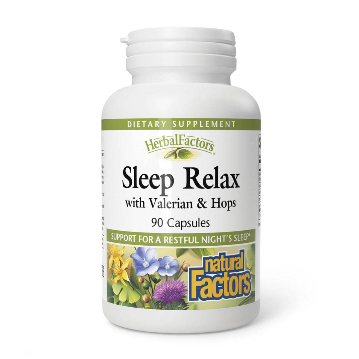 Natural Factors envase frontal mostrando fórmula Sleep Relax y beneficios