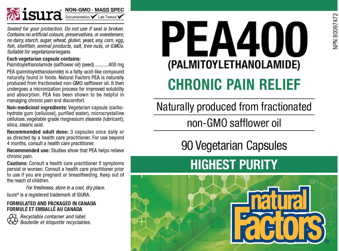 Natural Factors etiqueta informativa con dosis, ingredientes y certificaciones