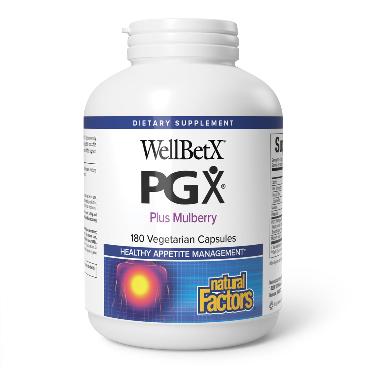 Natural Factors envase frontal mostrando beneficios de saciedad