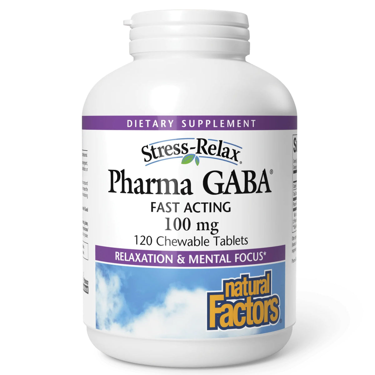 Natural Factors Pharma GABA frontal del empaque mostrando presentación y beneficios
