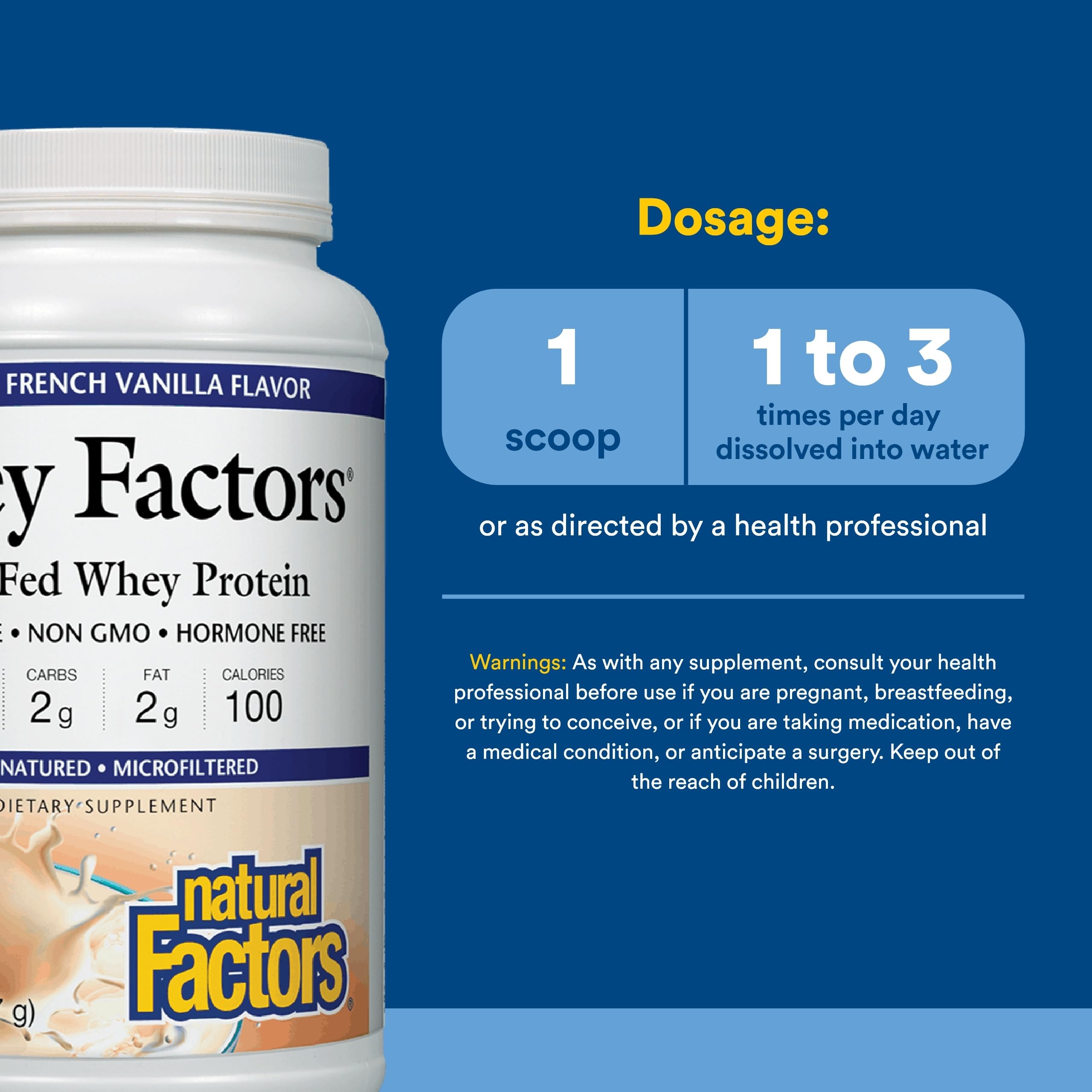 Natural Factors polvo en cuchara listo para preparar batido nutritivo y práctico