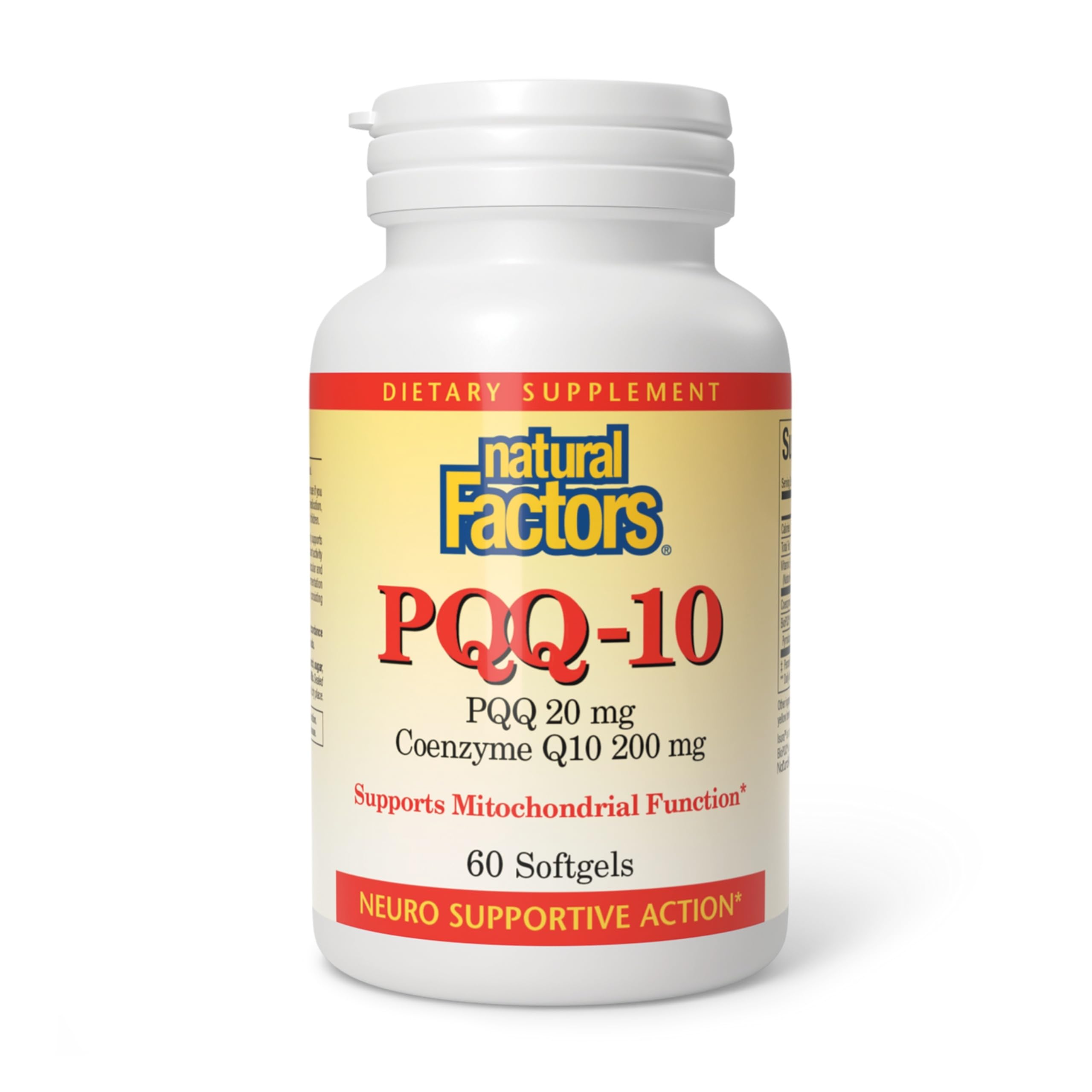 Natural Factors envase frontal mostrando PQQ-10 y beneficios de energía