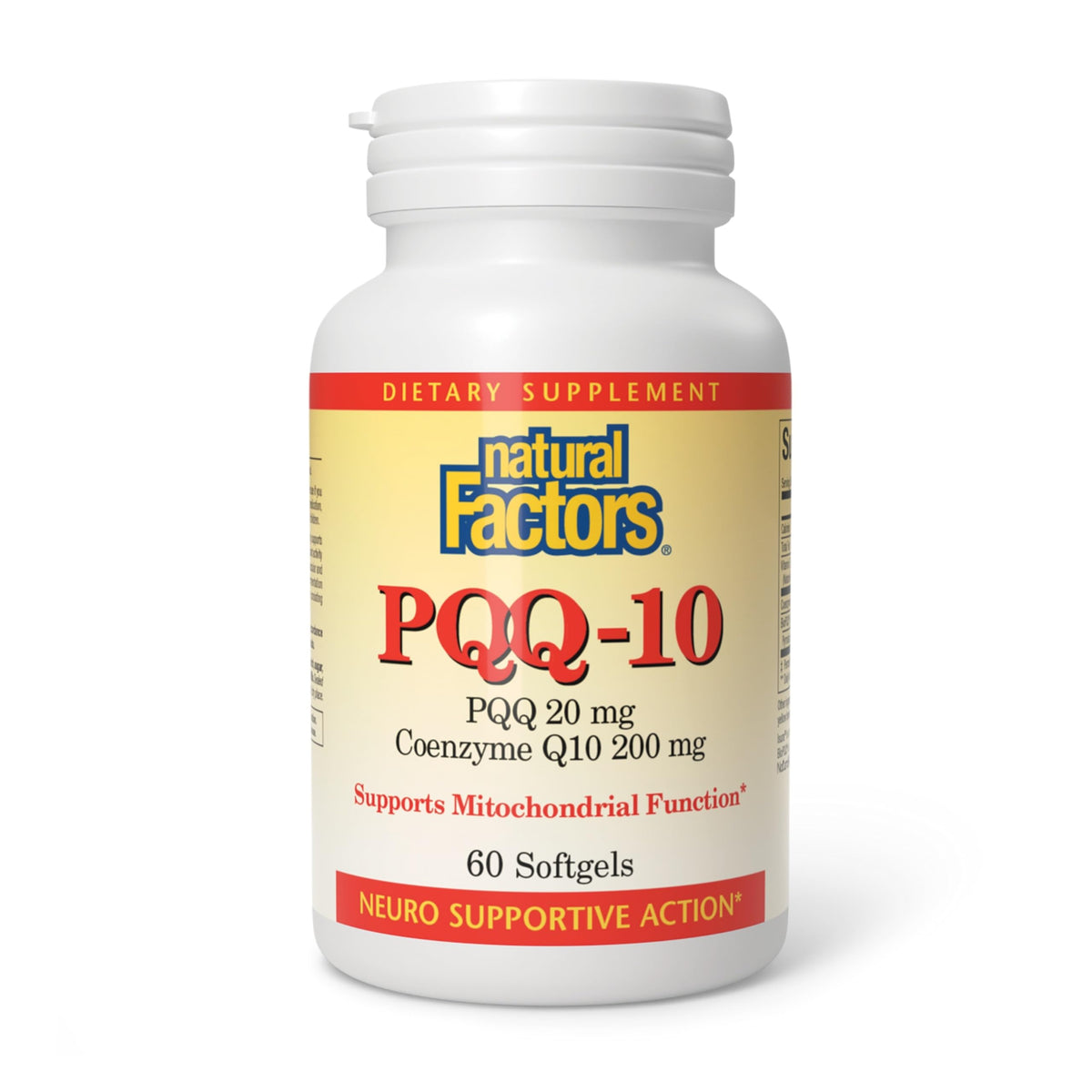Natural Factors envase frontal mostrando PQQ-10 y beneficios de energía