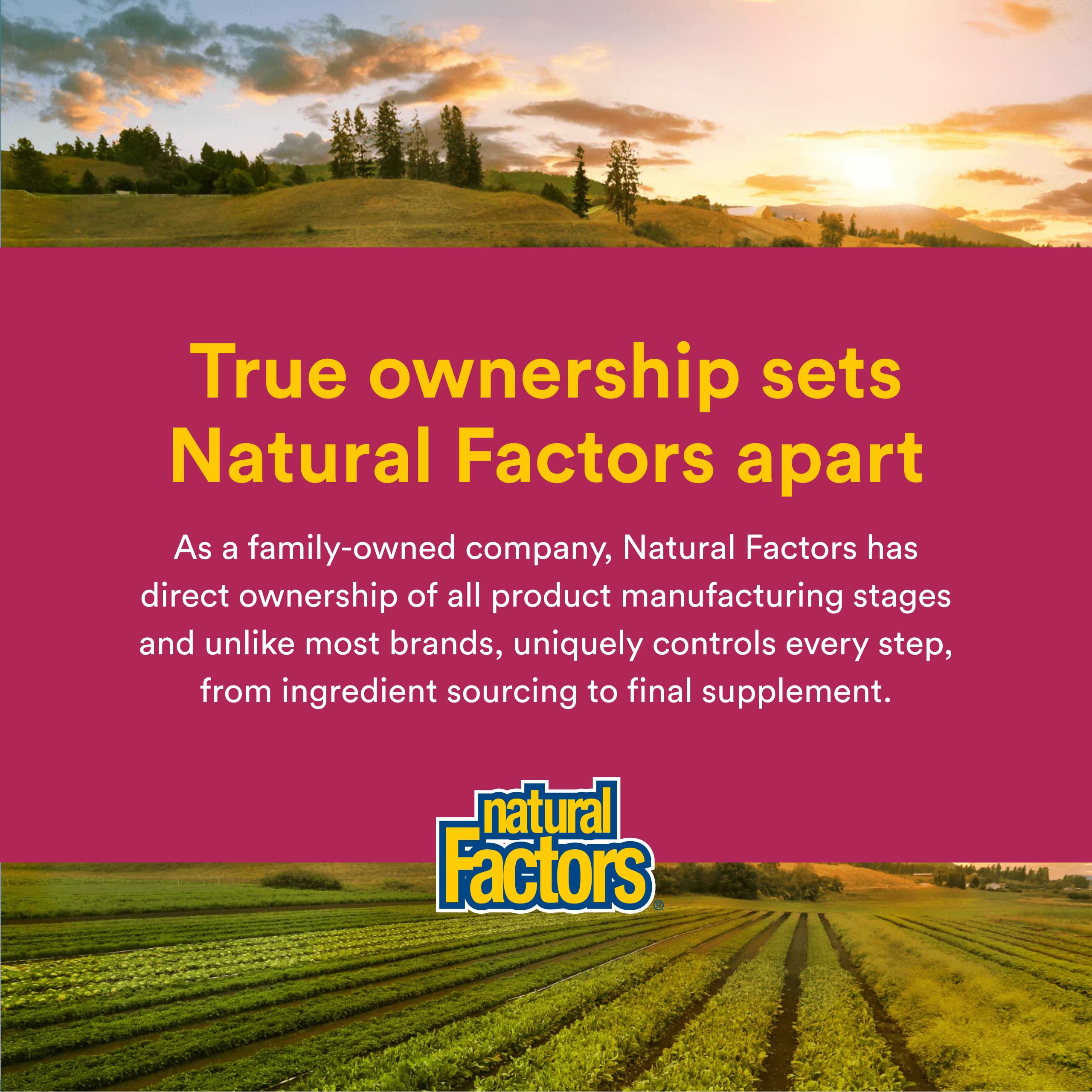 Natural Factors certificado ISURA y sello de agricultura propia, control de calidad visible