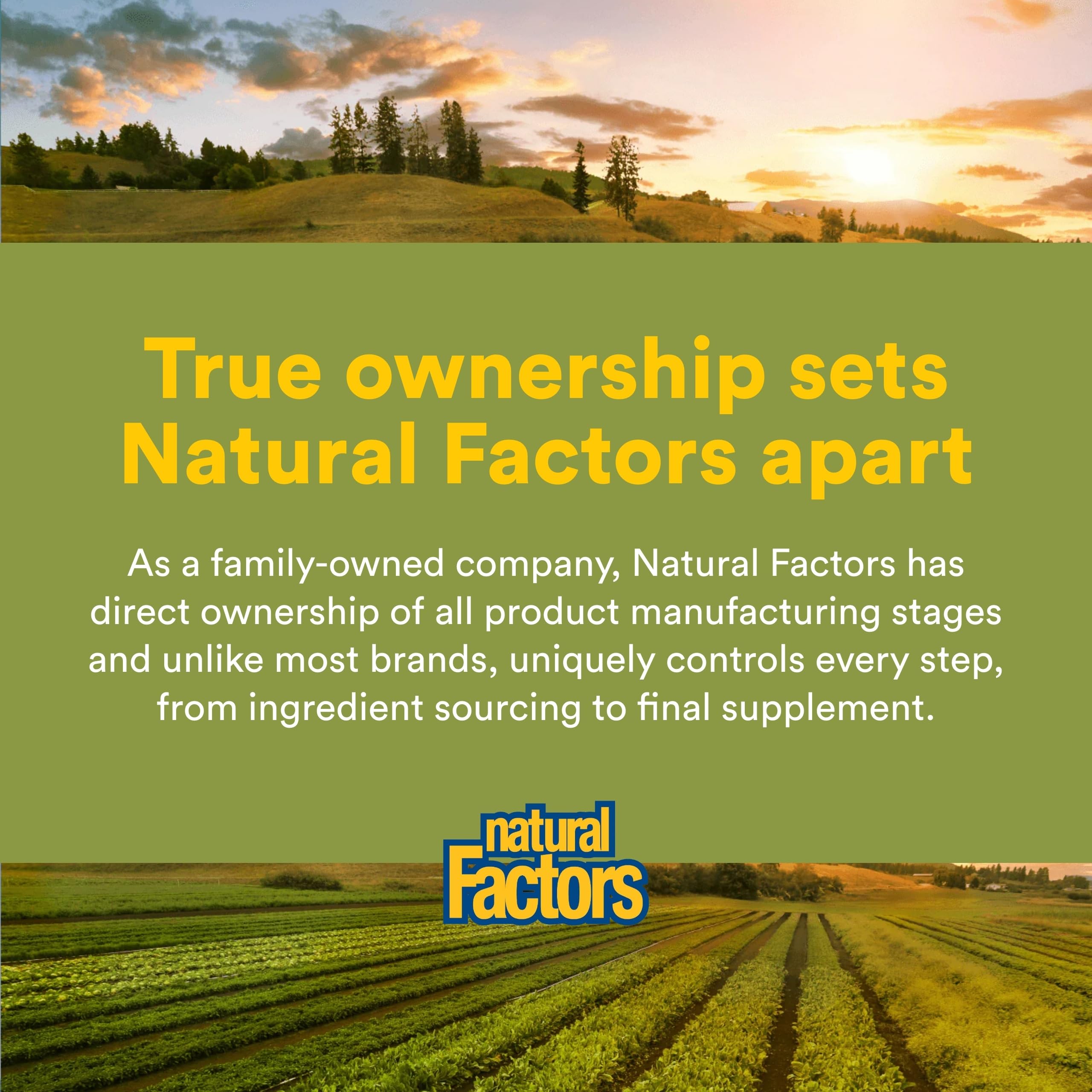 Natural Factors sello de laboratorio indicando pruebas de pureza y seguridad