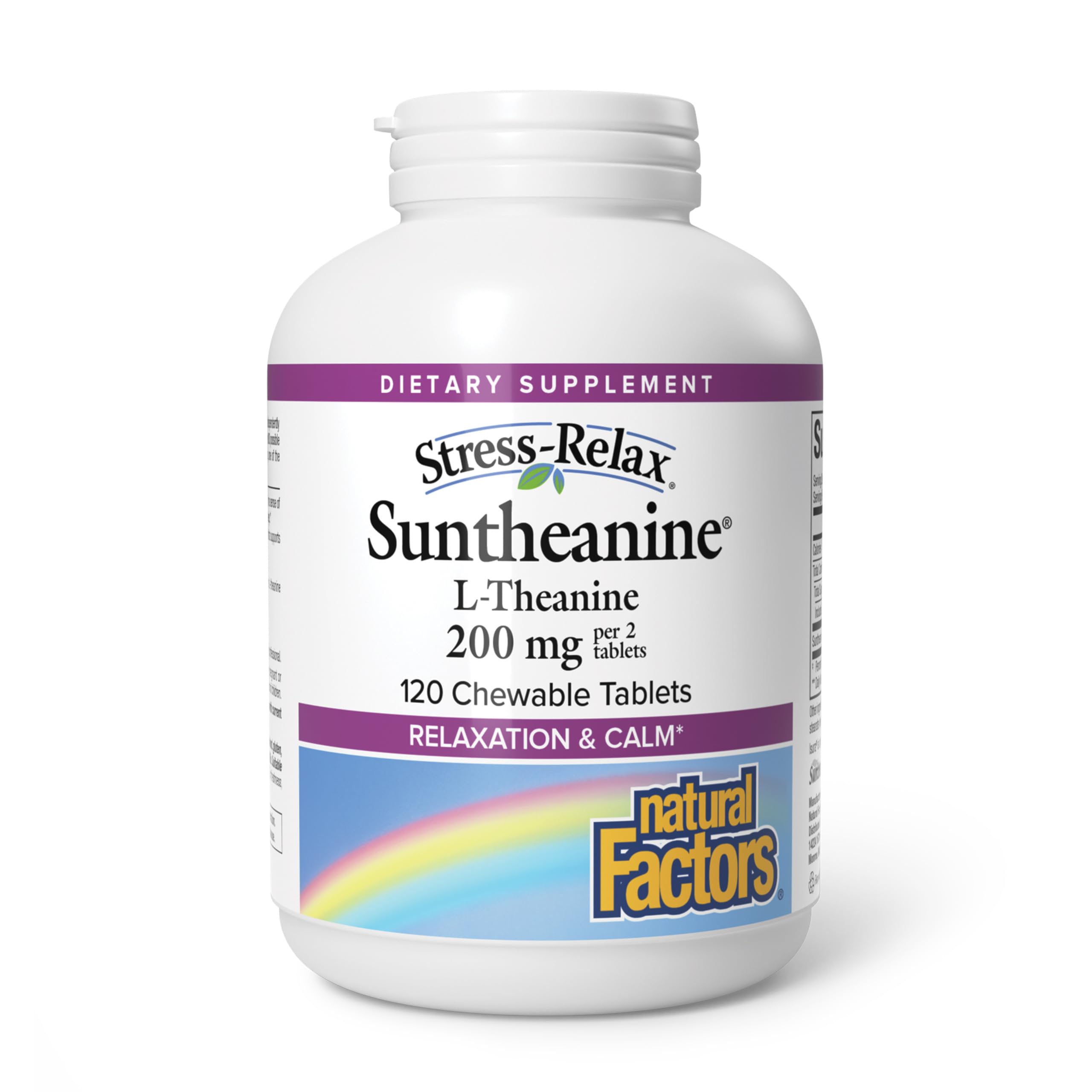 Natural Factors envase frontal de Suntheanine 120 tabletas masticables mostrando claridad del producto y calma