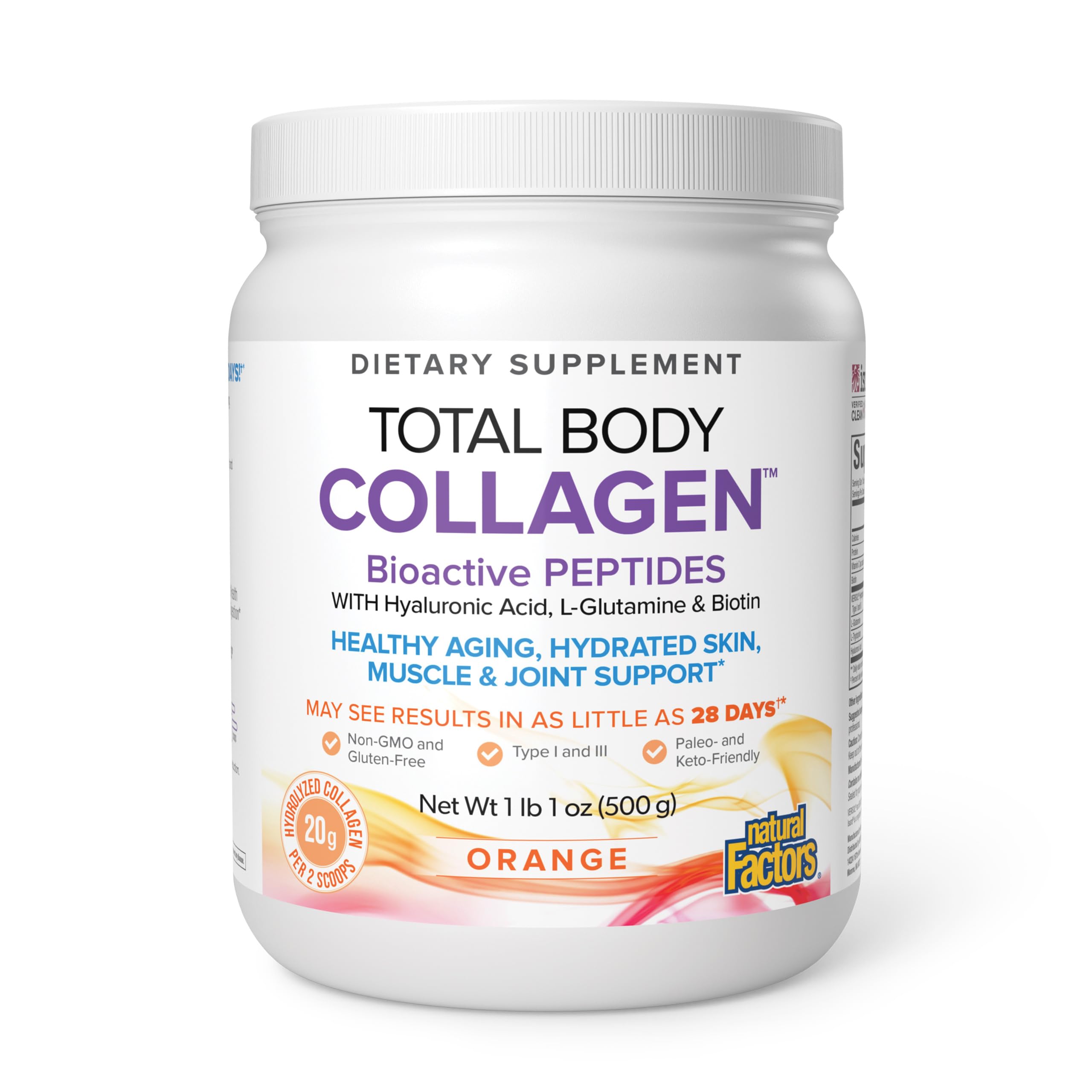 Natural Factors envase frontal del Total Body Collagen mostrando la marca y beneficios