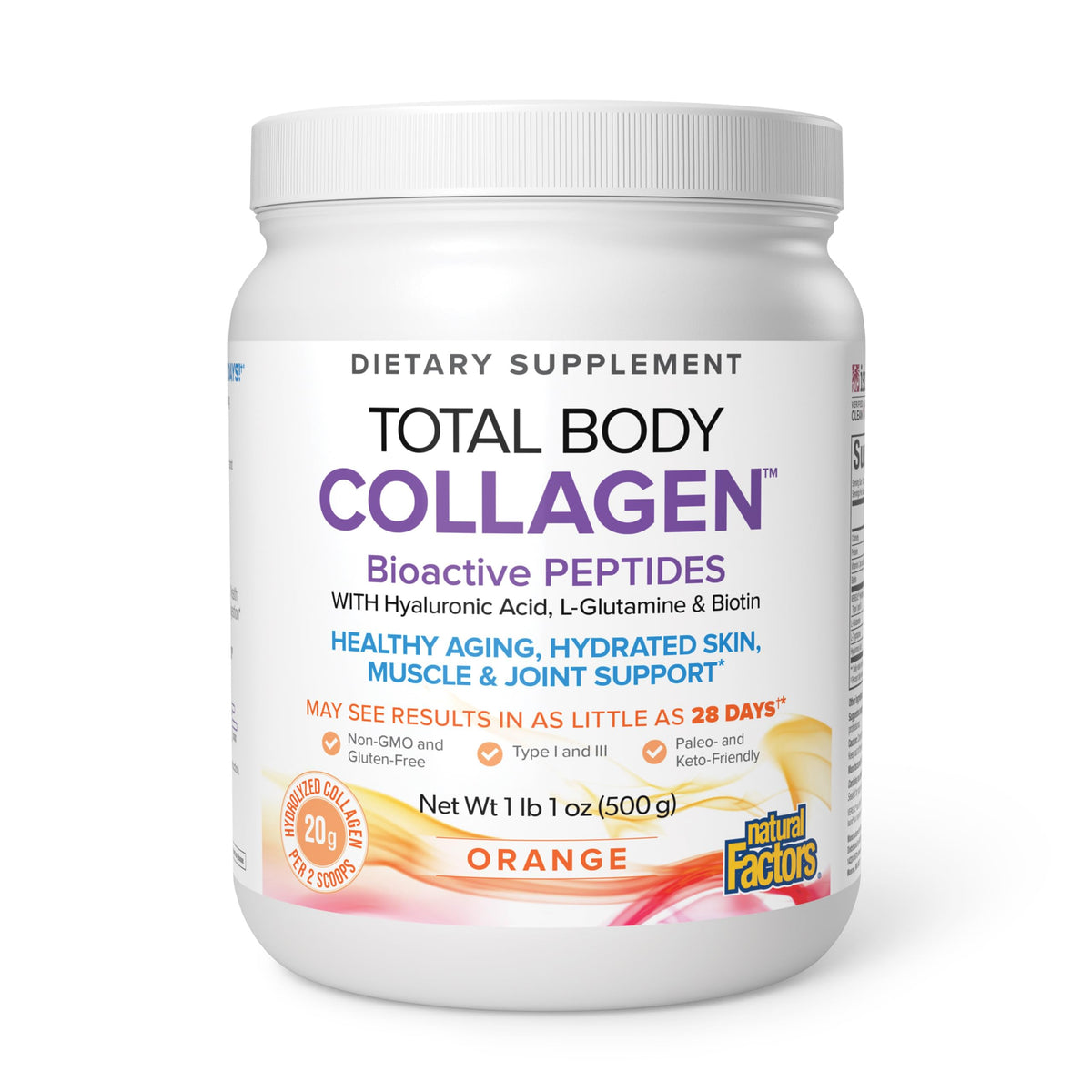 Natural Factors envase frontal del Total Body Collagen mostrando la marca y beneficios