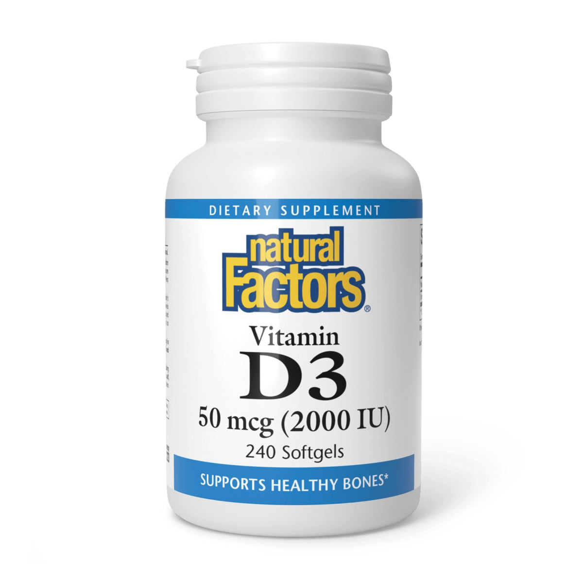 Natural Factors envase frontal de Vitamina D3 2000 UI, presentación de 240 cápsulas, confianza
