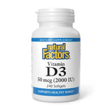 Natural Factors envase frontal de Vitamina D3 2000 UI, presentación de 240 cápsulas, confianza
