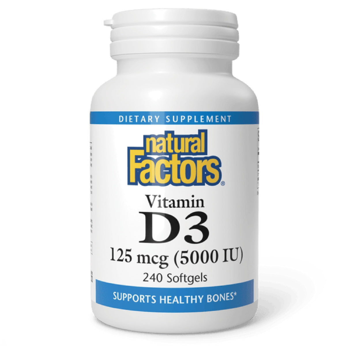 Natural Factors botella frontal con 240 cápsulas, práctico suministro mensual