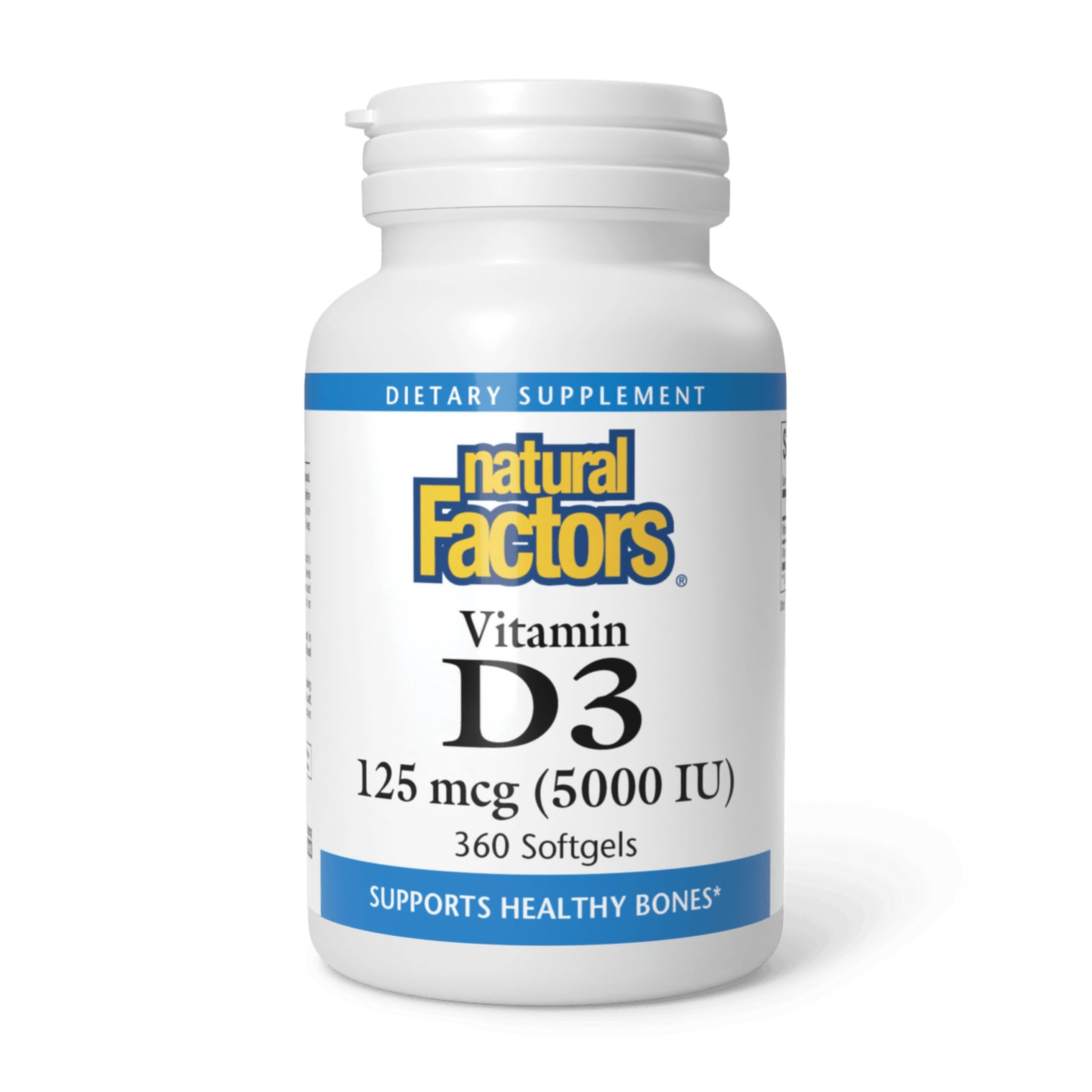Natural Factors frasco frontal mostrando 360 softgels y etiqueta clara